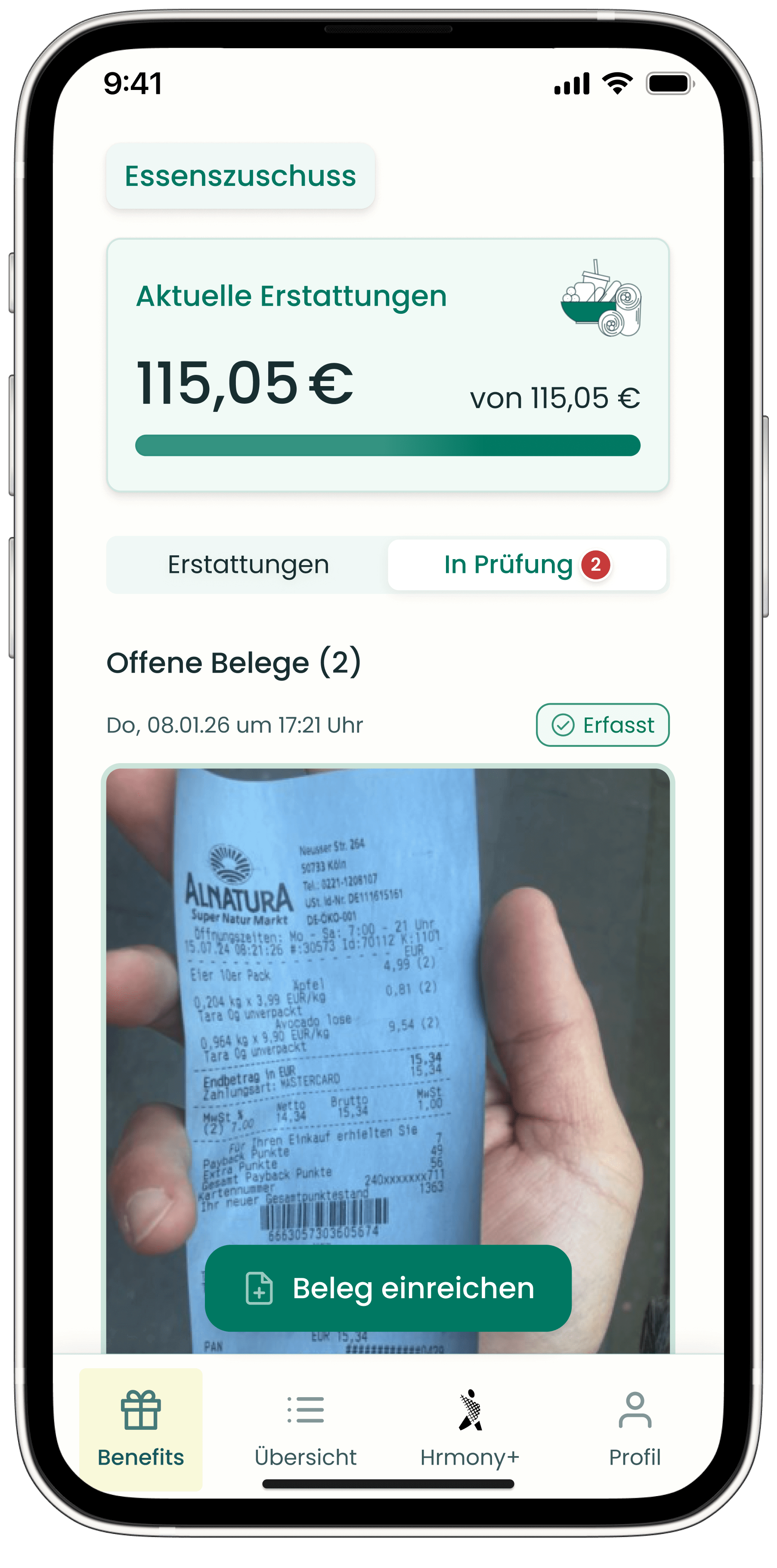 Hrmony App Beleg offen