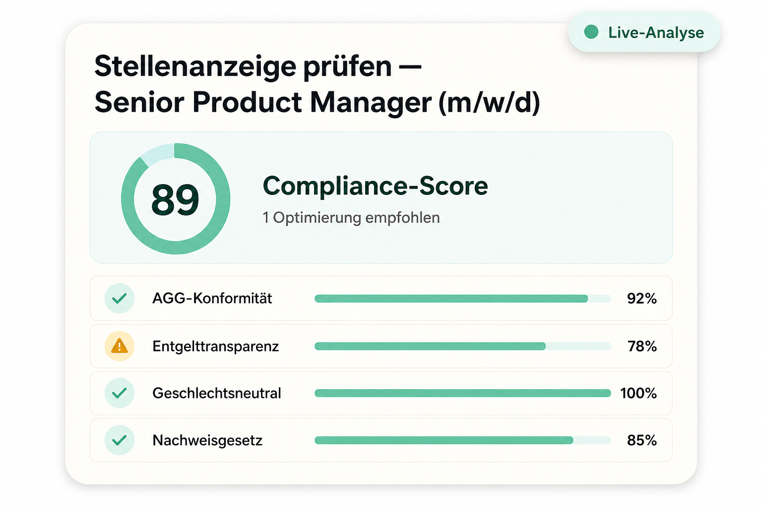 Hrmony JobCheck Live-Analyse mit Compliance-Score 89