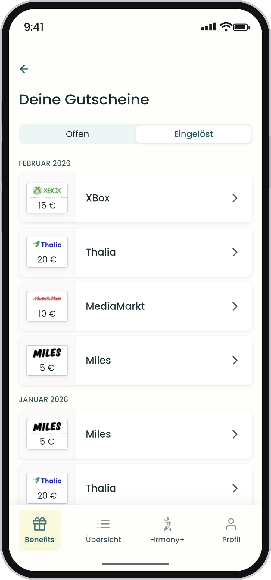 Hrmony App: Übersicht der erhaltenen Gutscheine
