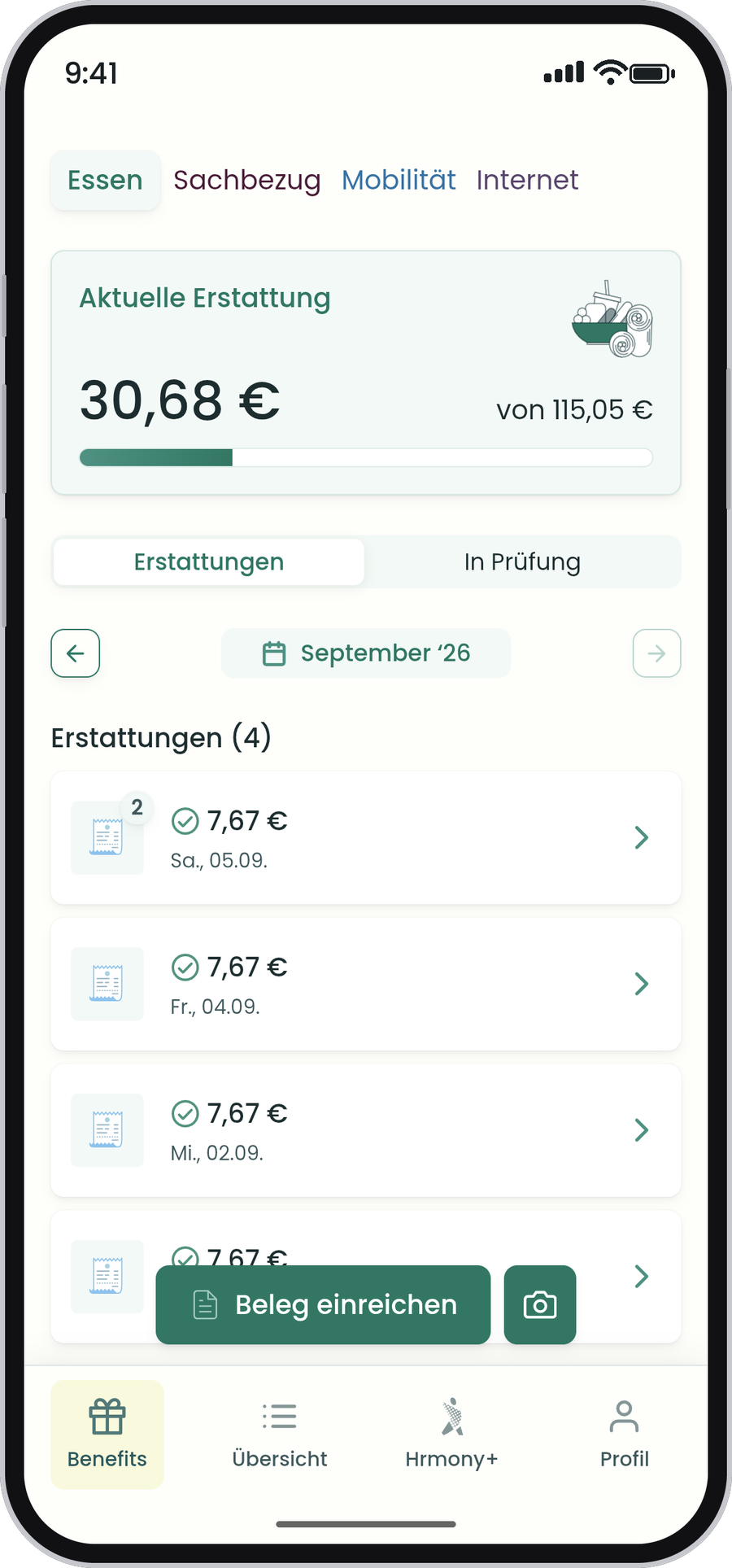 Hrmony App: Belegübersicht mit voll ausgeschöpftem Tagesbetrag
