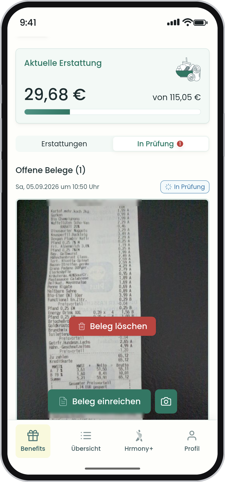 Hrmony App: Beleg in Prüfung