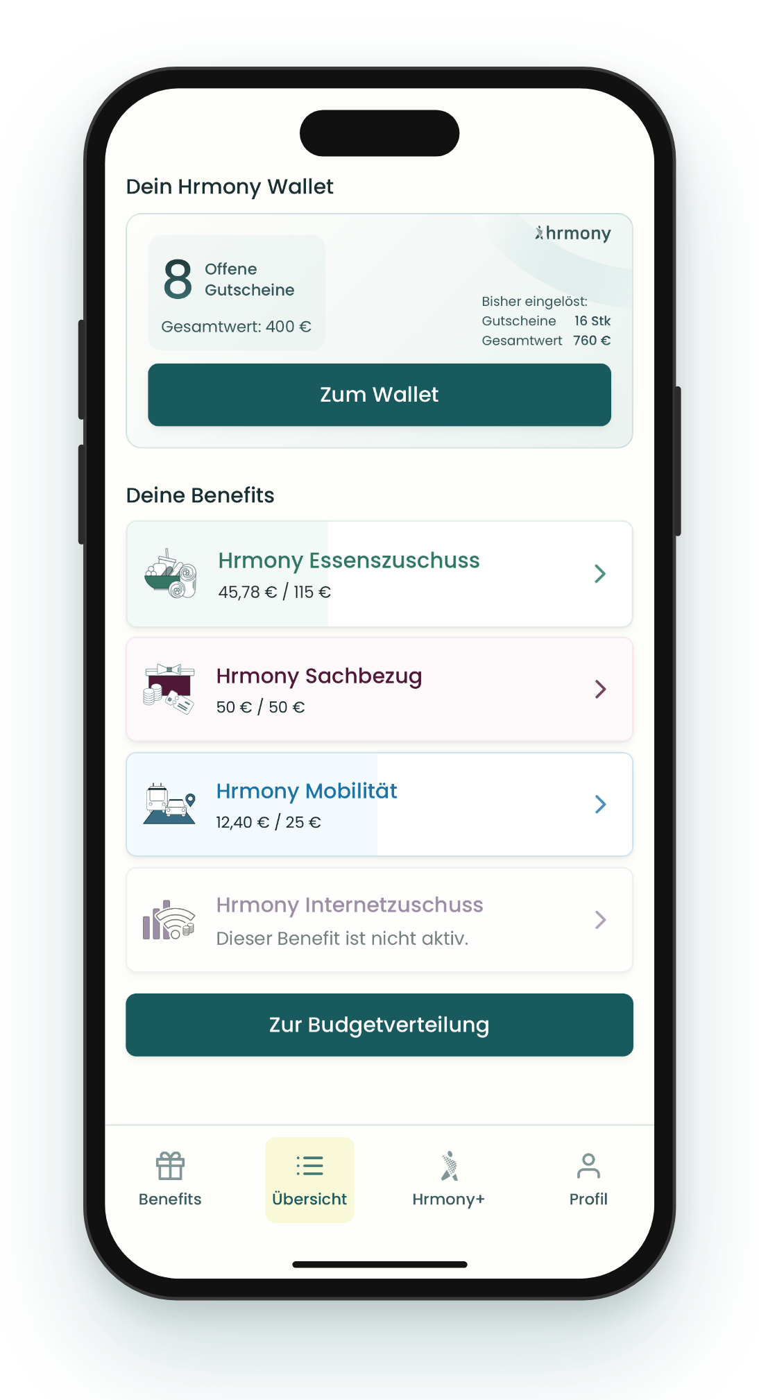 Hrmony App: Benefits mit Budgetständen und Button Zur Budgetverteilung