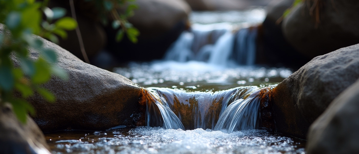 Calm water flowing smoothly over rocks in a natural stream, symbolizing healthy bladder control and relief from urgency and frequency.