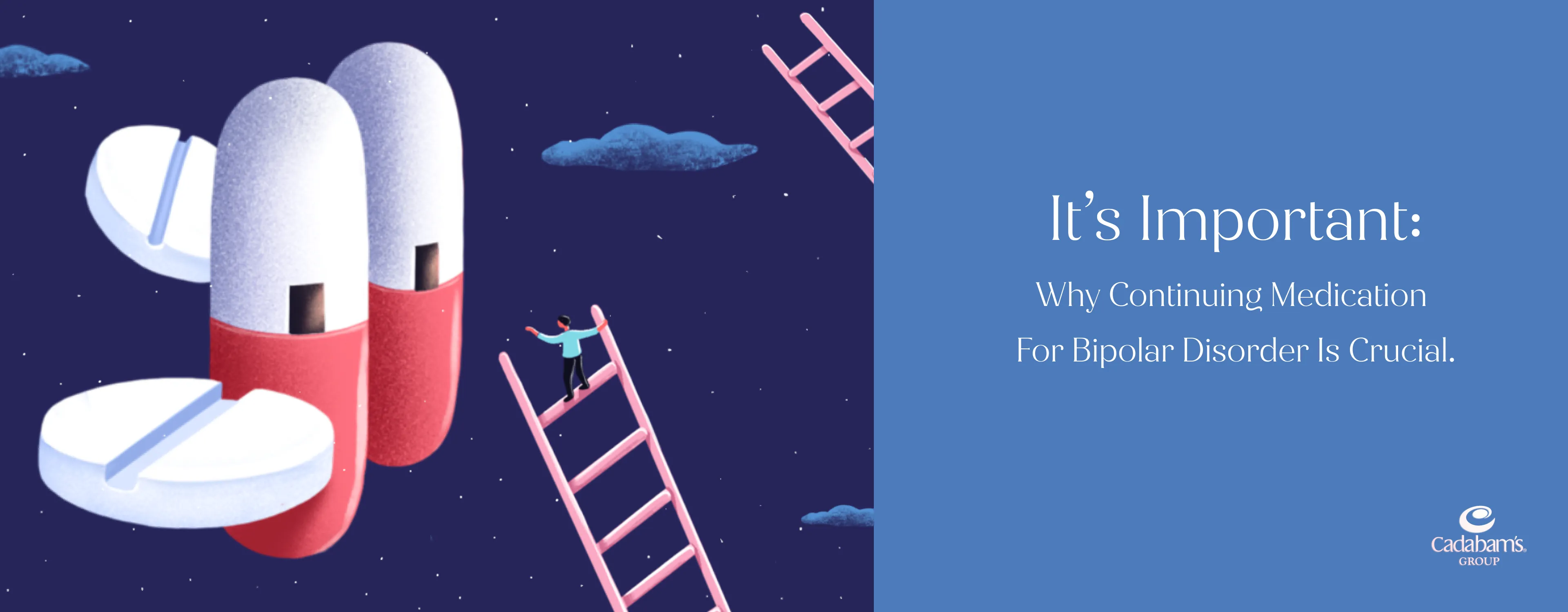 A person struggling with bipolar disorder on a ladder reaching out to his medications. 