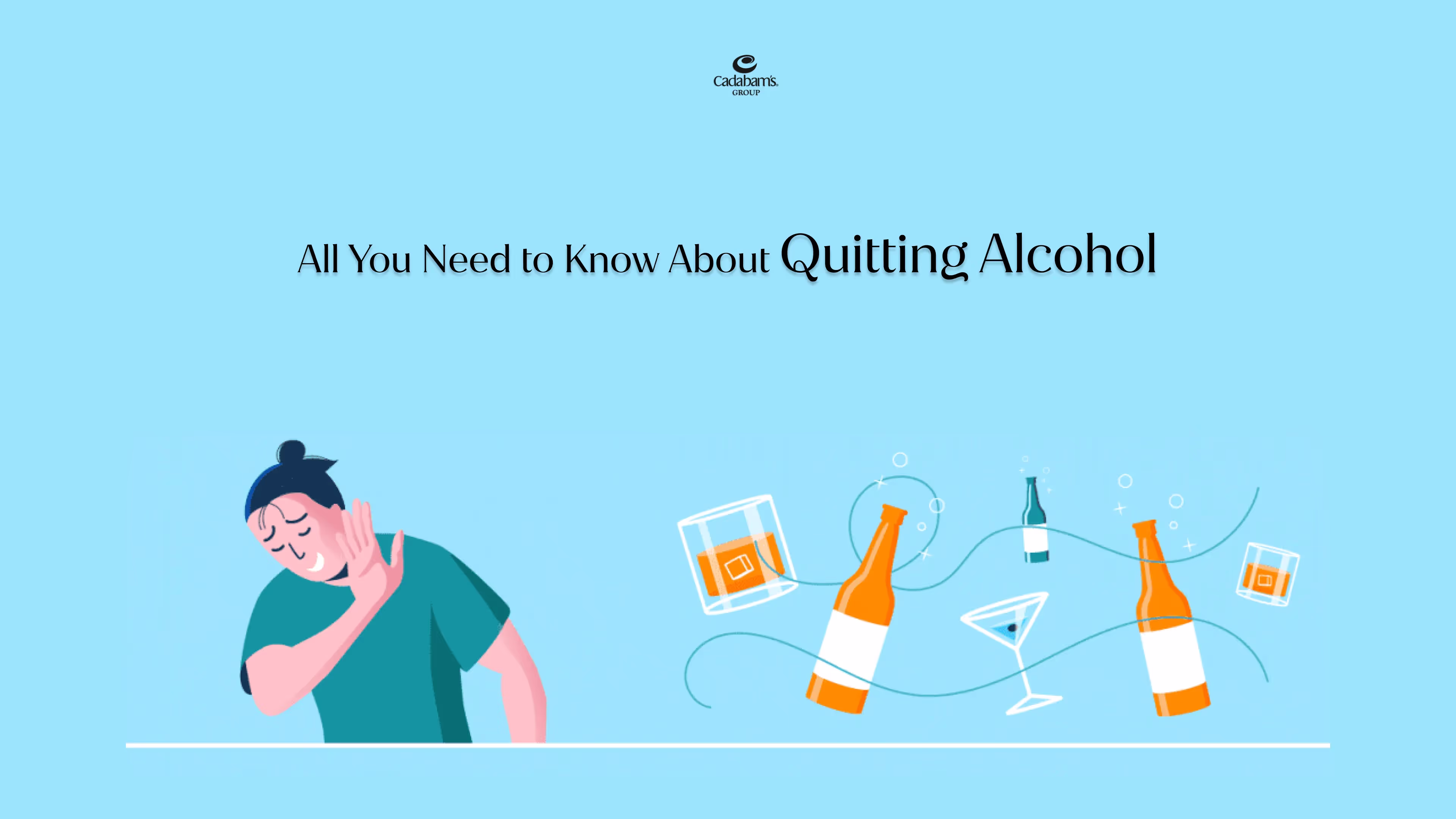 A bottle surrounded by children, a person climbing a ladder, and a man sending a rope down the bottle to help a woman quit alcohol addiction. 