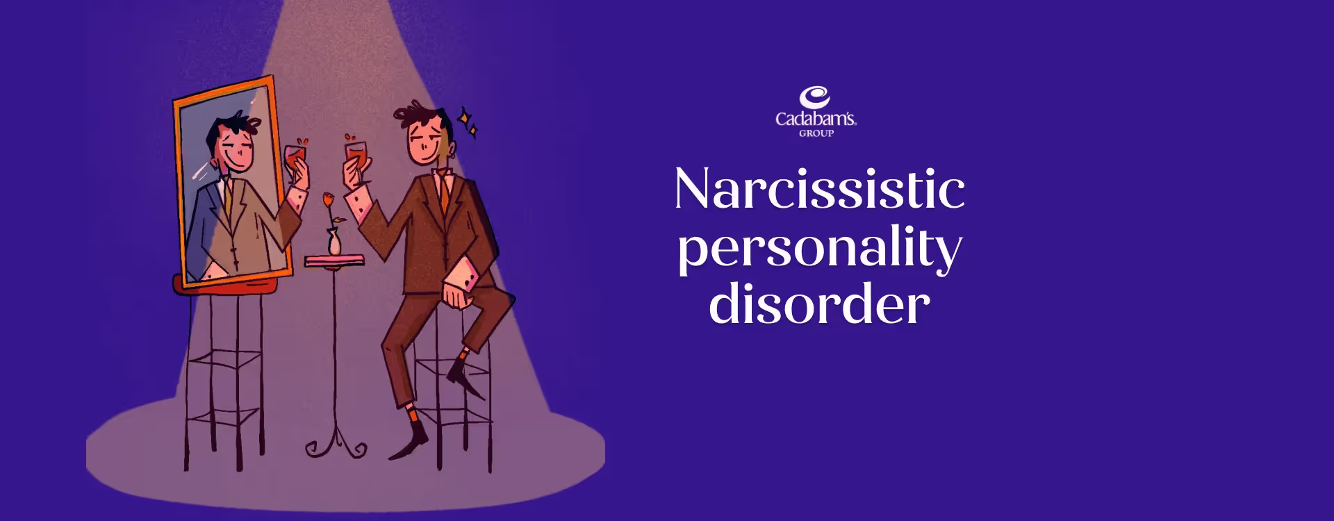 A person with narcissistic personality disorder sitting in a dimly lit, blue room, staring at himself as he holds a drink in his hand. 