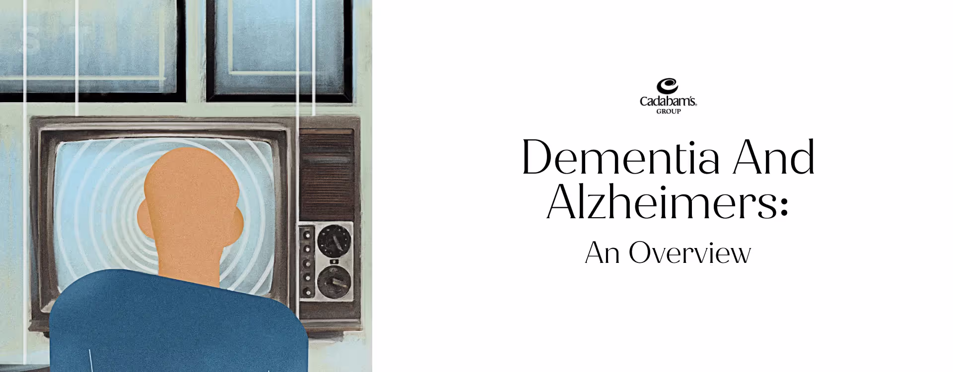 A person with Alzheimer's staring at a television screen in a blue room surrounded by frames of memories. 