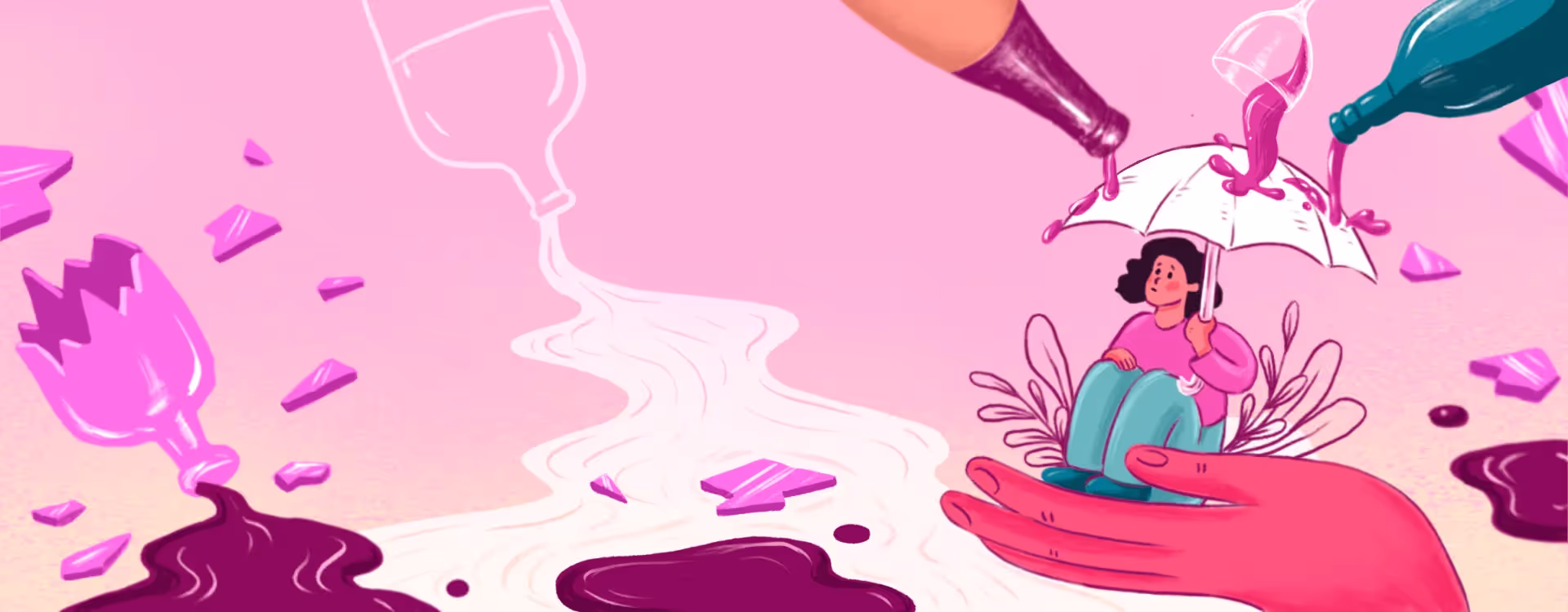 A hand holding a person carrying an umbrella surrounded by bottles of alcohol.