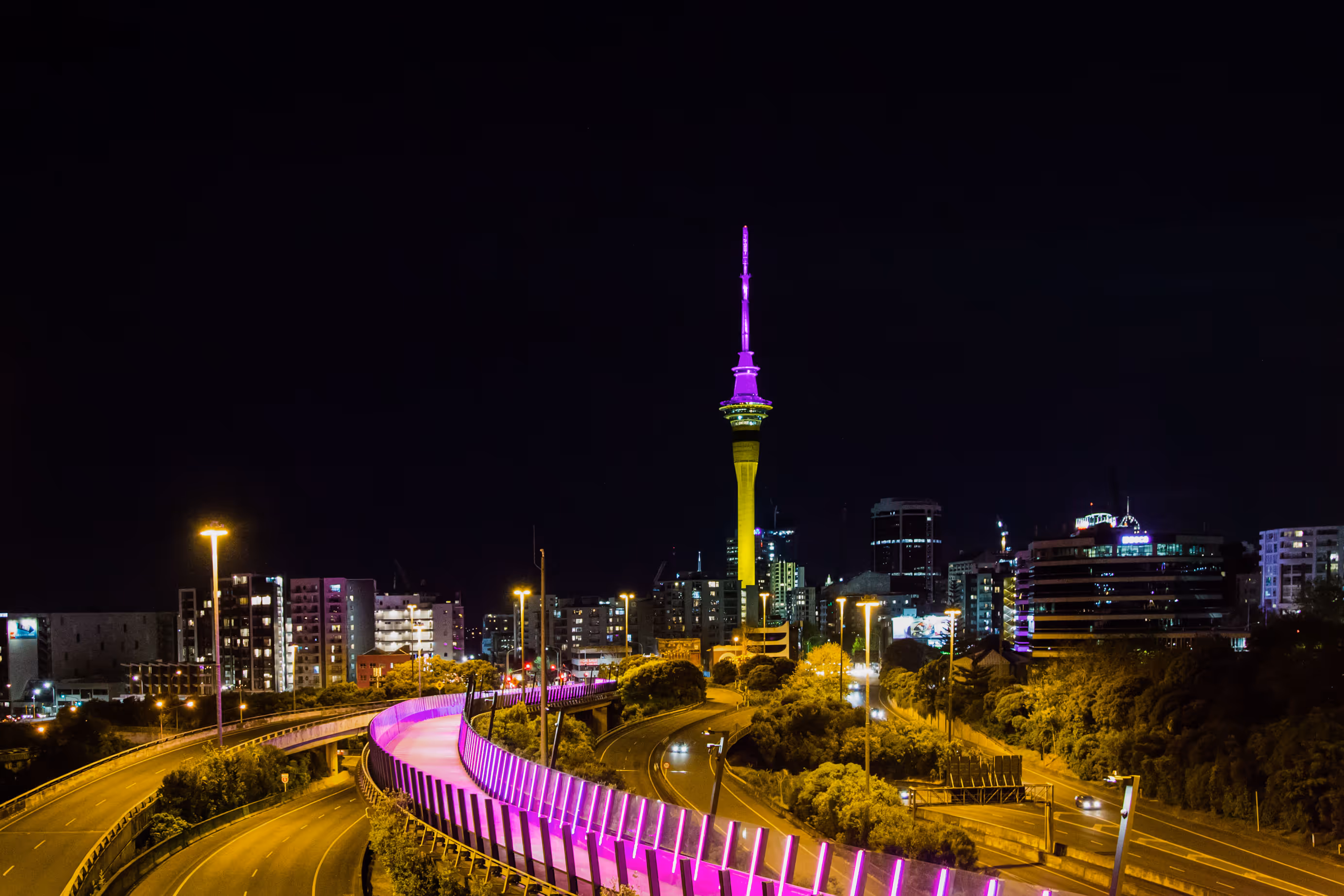The Auckland Skytower illuminated in colours as part of the 2019 Diwali festival identity.