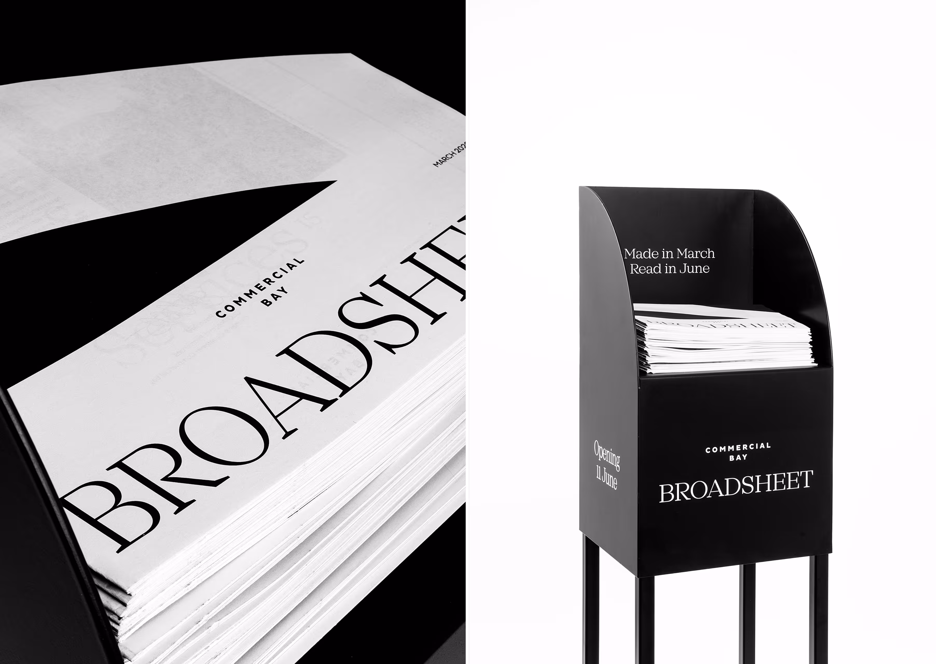 ``` Commercial Bay Broadsheet newspaper and branded display stand, designed by Blink, Auckland