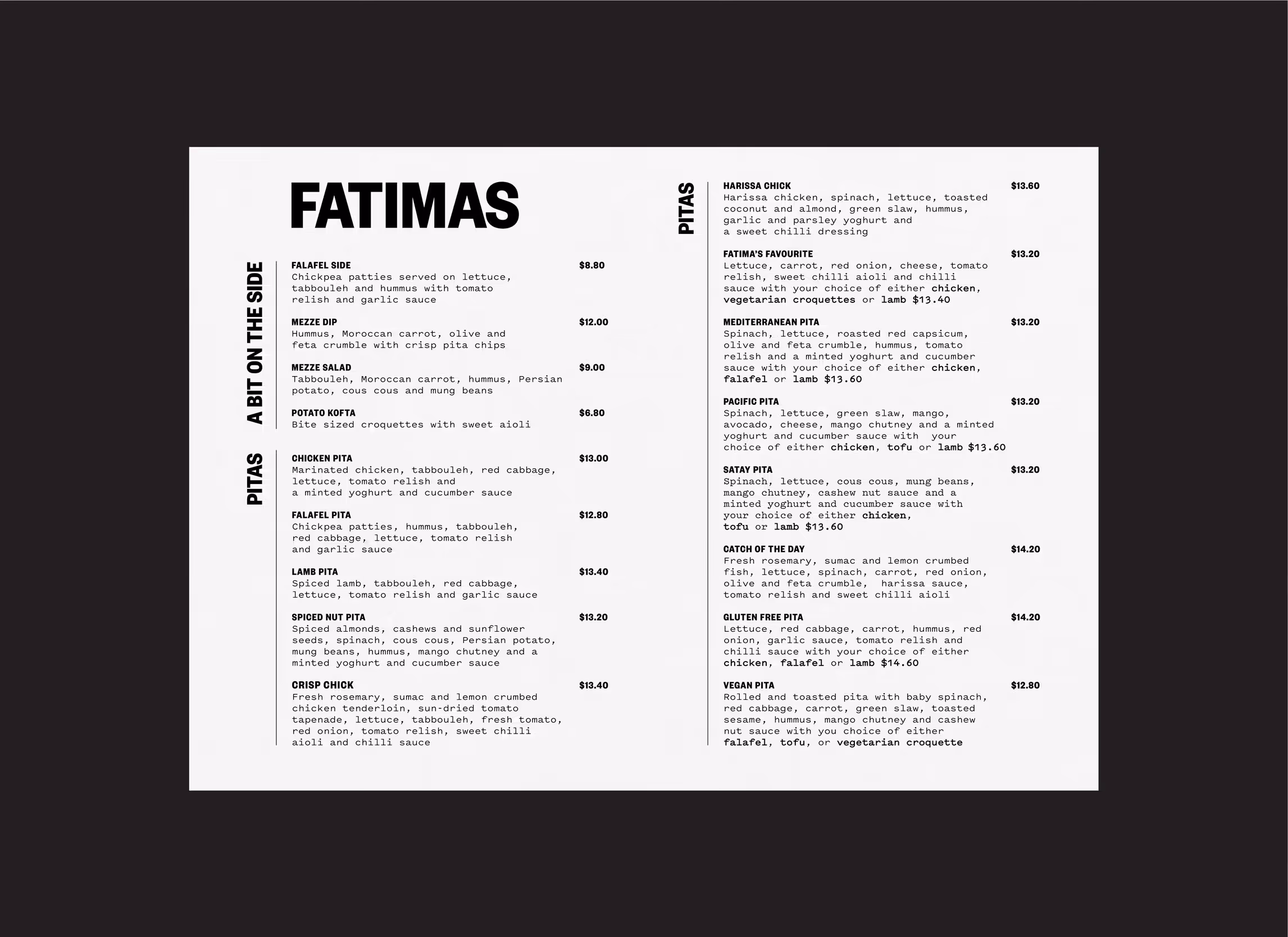 Fatima's restaurant printed menu layout and typographic design by Blink