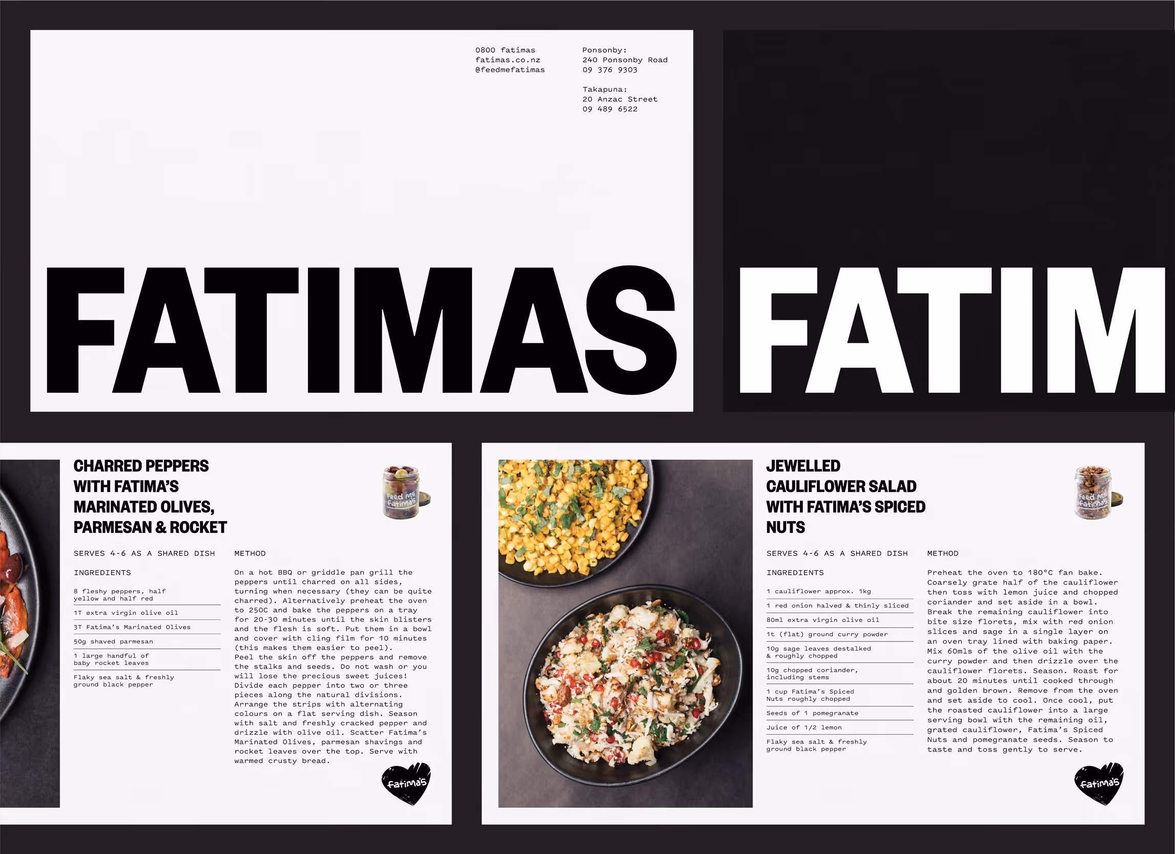 Bold black and white logo typography and printed recipe cards for Fatima's brand refresh by Blink