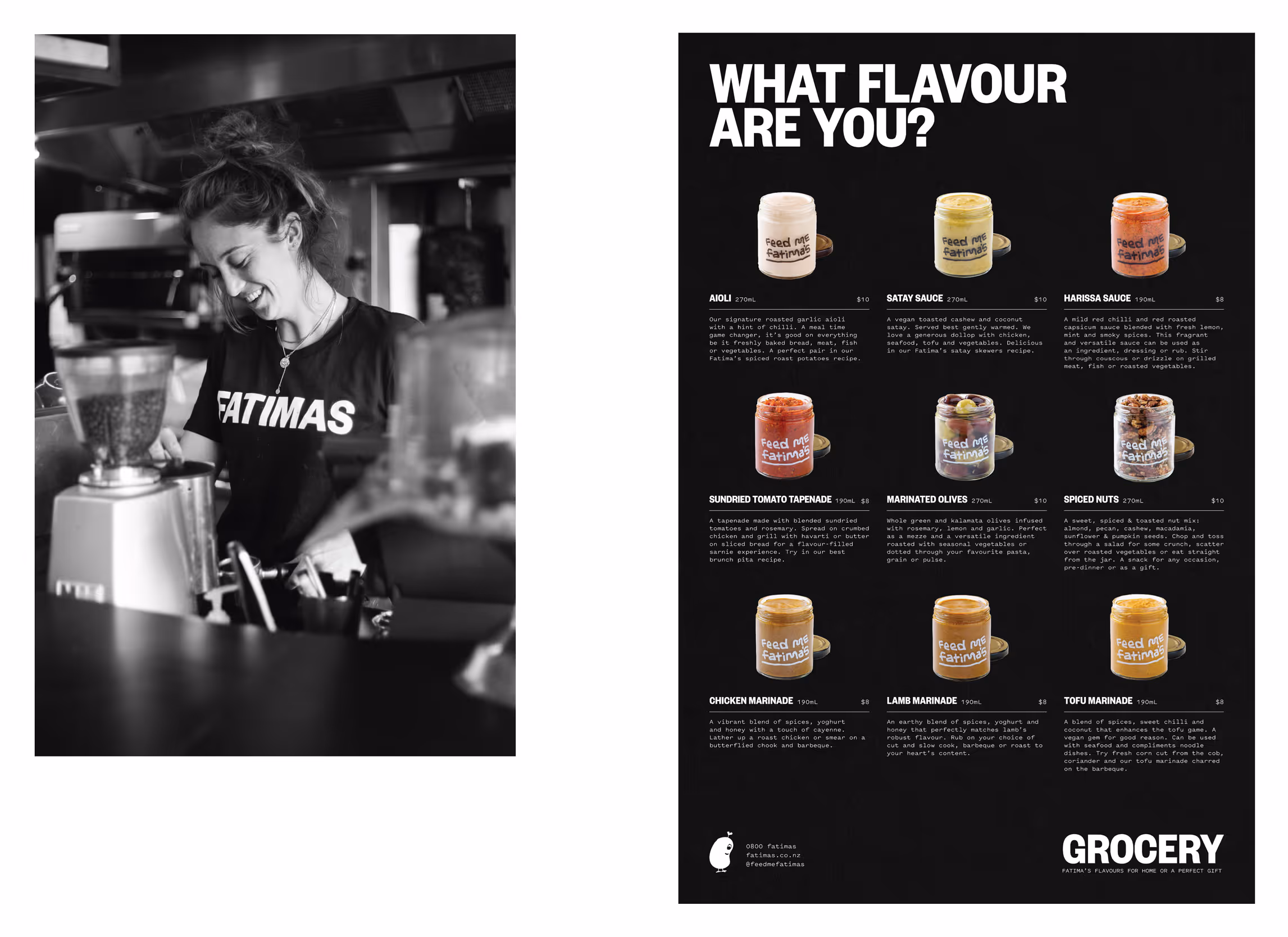 Fatima's staff photography and grocery menu featuring custom sauce jar packaging by BlinkFatima's staff photography and grocery menu featuring custom sauce jar packaging by Blink