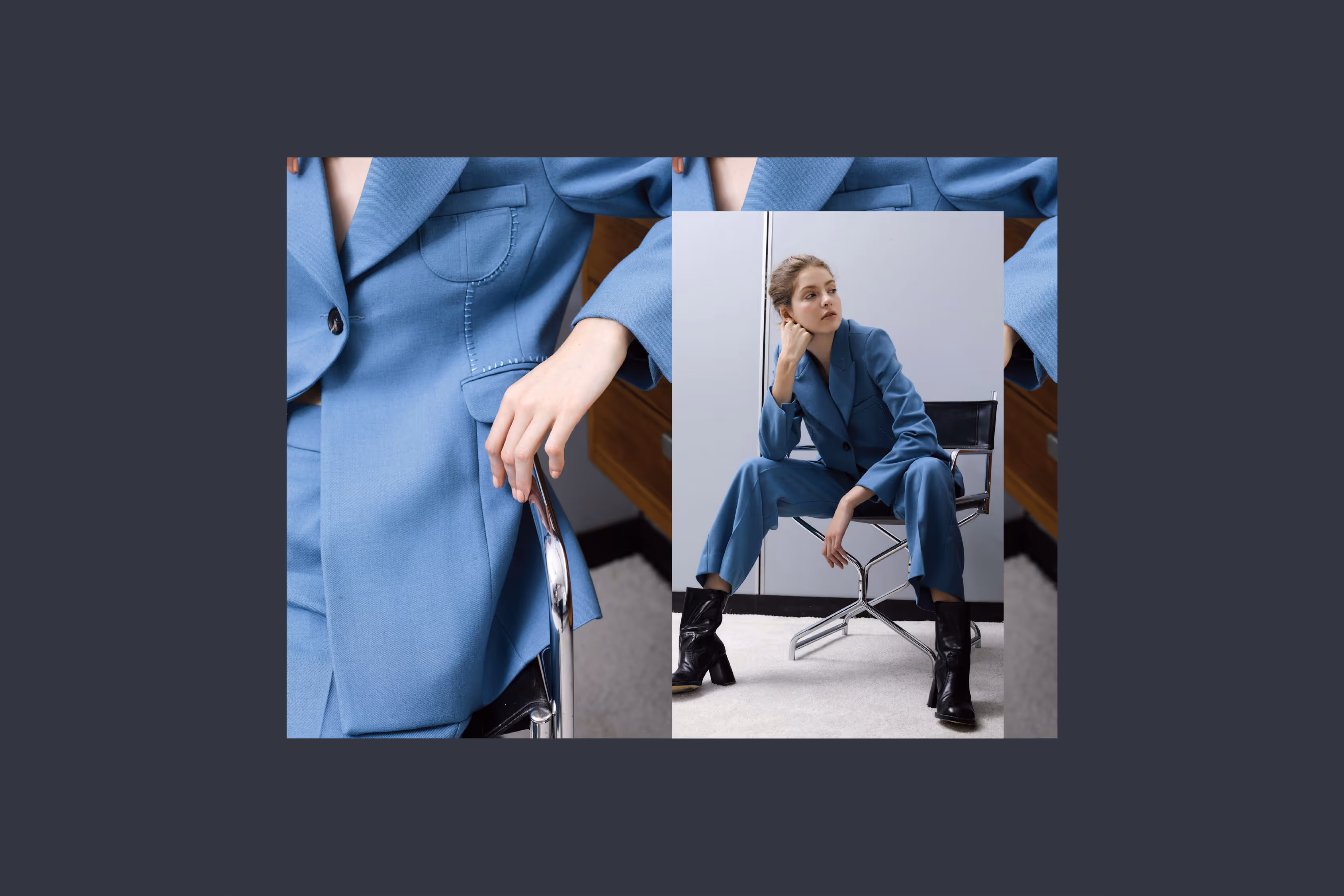 Wynn Hamlyn fashion lookbook spread featuring tailored blue suit, designed by Blink, Auckland
