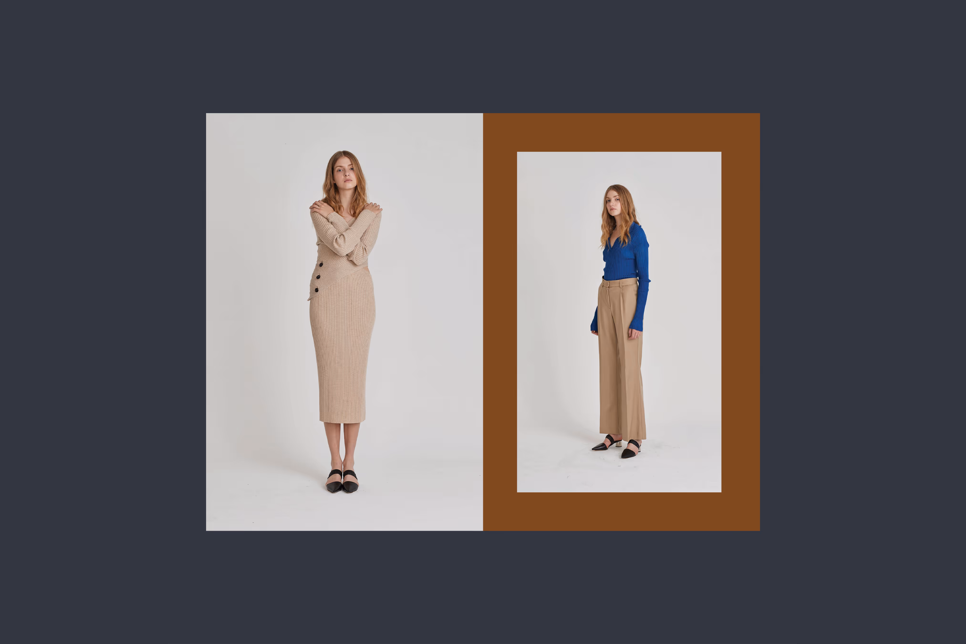 Wynn Hamlyn fashion lookbook spread featuring knitwear and tailored separates, designed by Blink, Auckland
