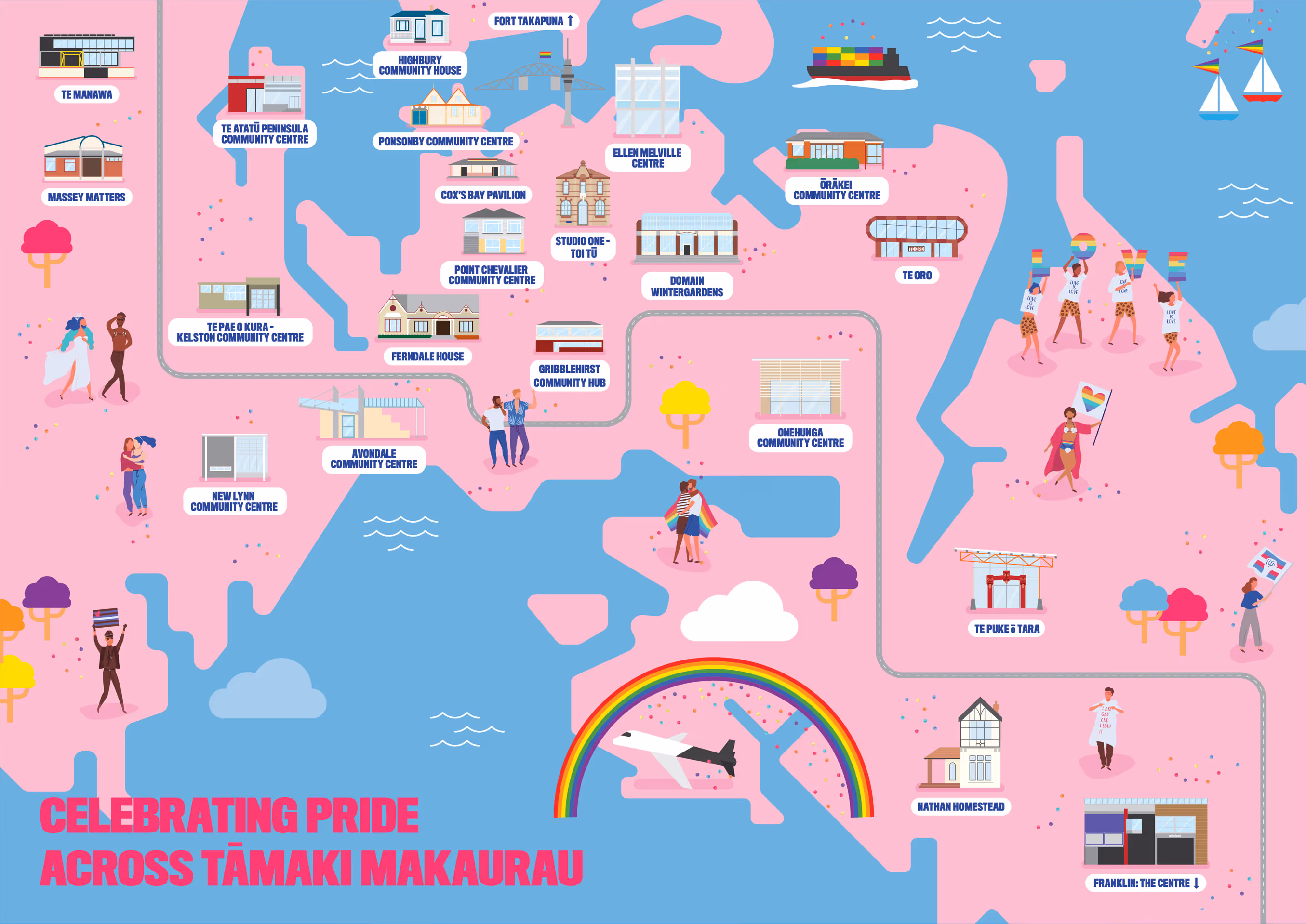 Auckland Council Pride illustrated map of activations across Tāmaki Makaurau, designed by Blink, Auckland