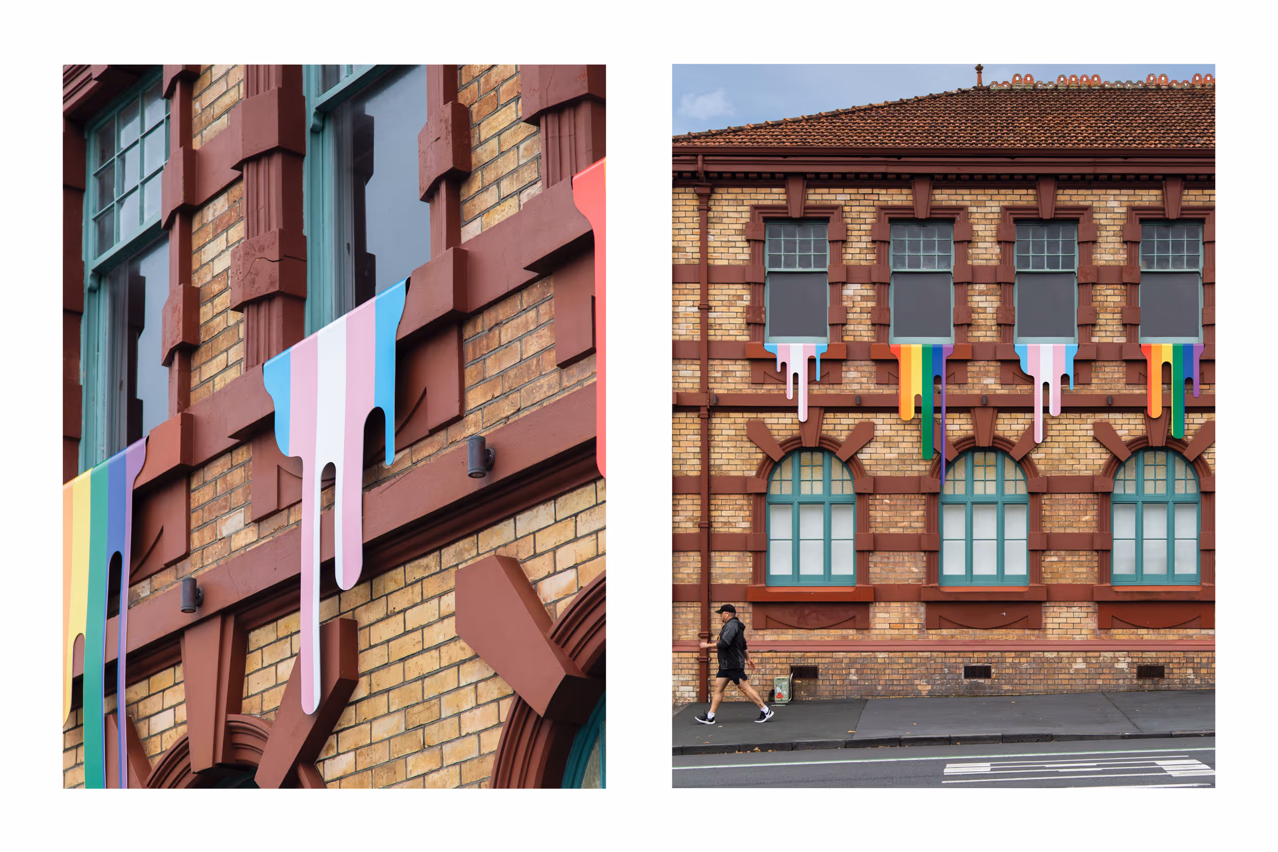 Auckland Council Pride rainbow drip installation on exterior of Studio One Toi Tū, designed, fabricated and installed by Blink, Auckland