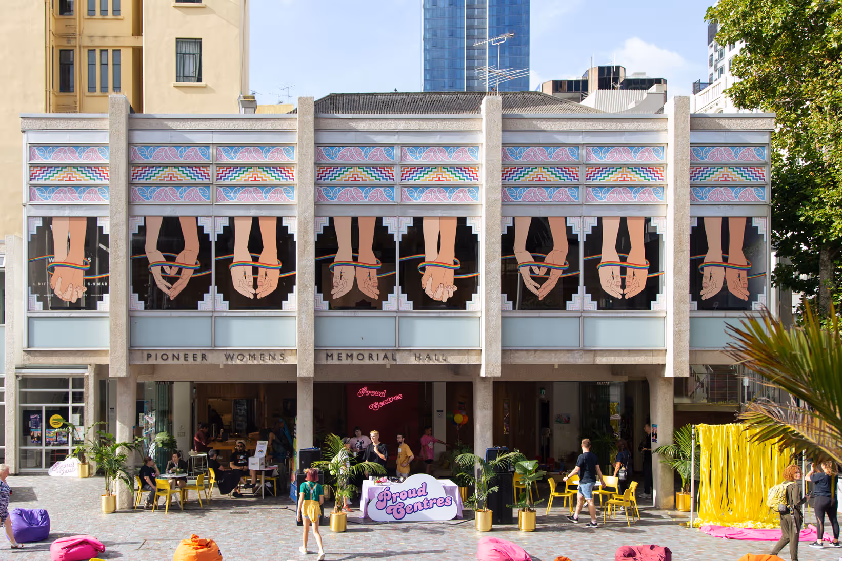 Auckland Council Pride large format window vinyl installation on Pioneer Womens Memorial Hall, designed, fabricated and installed by Blink, Auckland