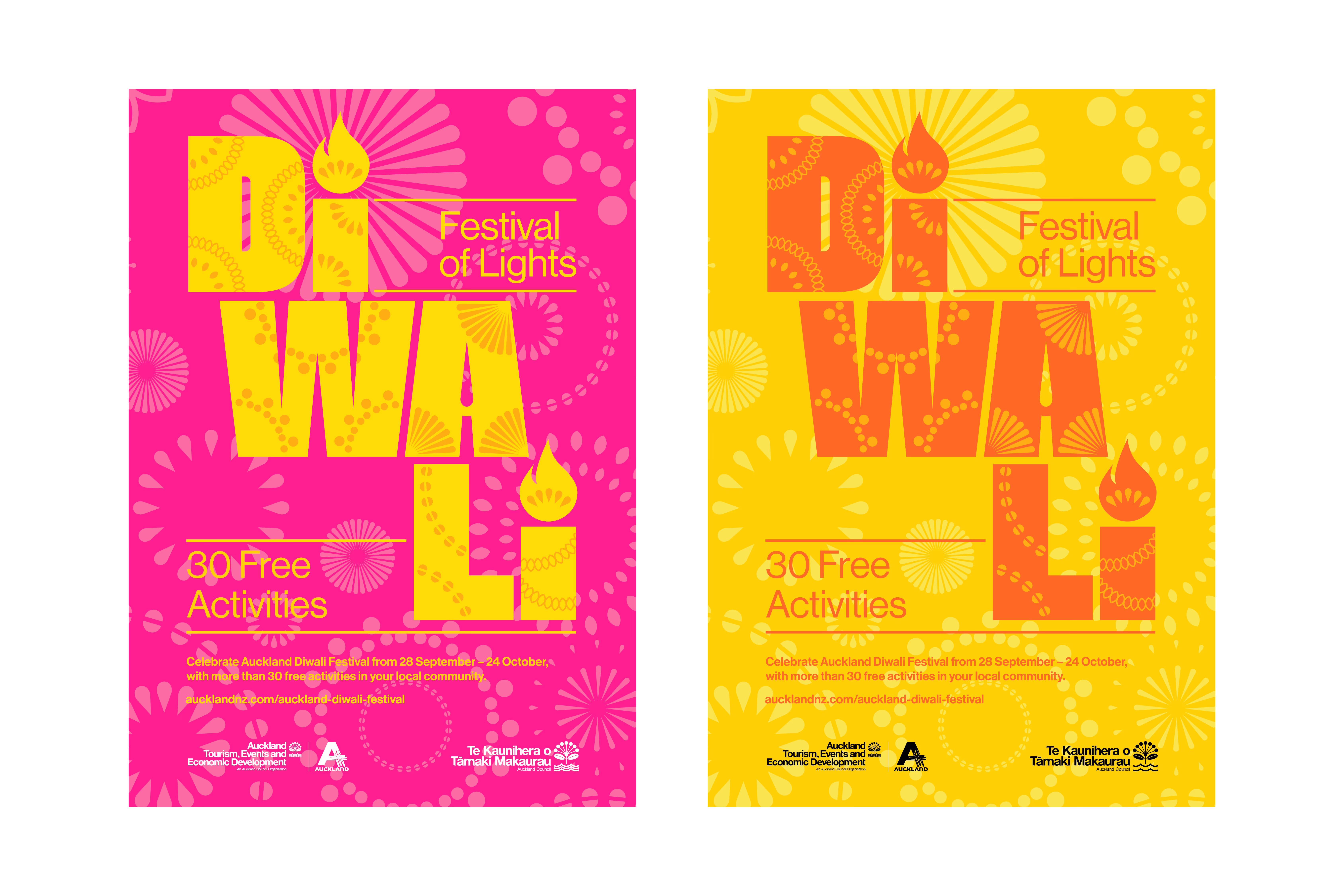 Two bold, colourful posters in pink and yellow for the Auckland Diwali Festival, featuring rangoli-inspired typography and details for 30 free activities