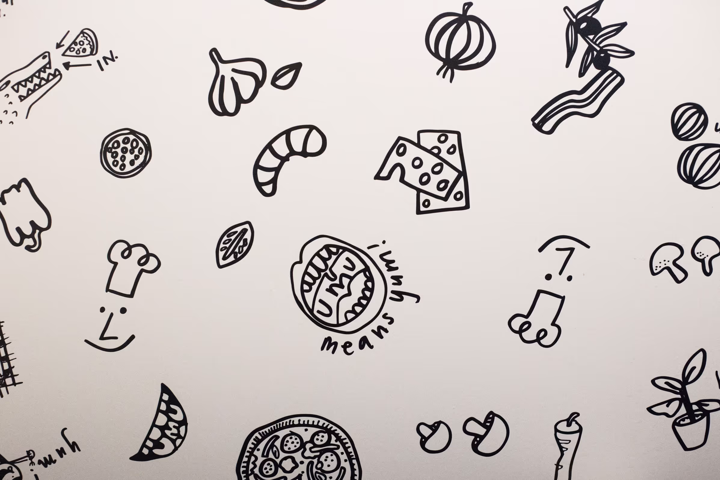 Umu Pizza interior wall mural with hand-drawn food illustrations, designed, fabricated and installed by Blink, Auckland