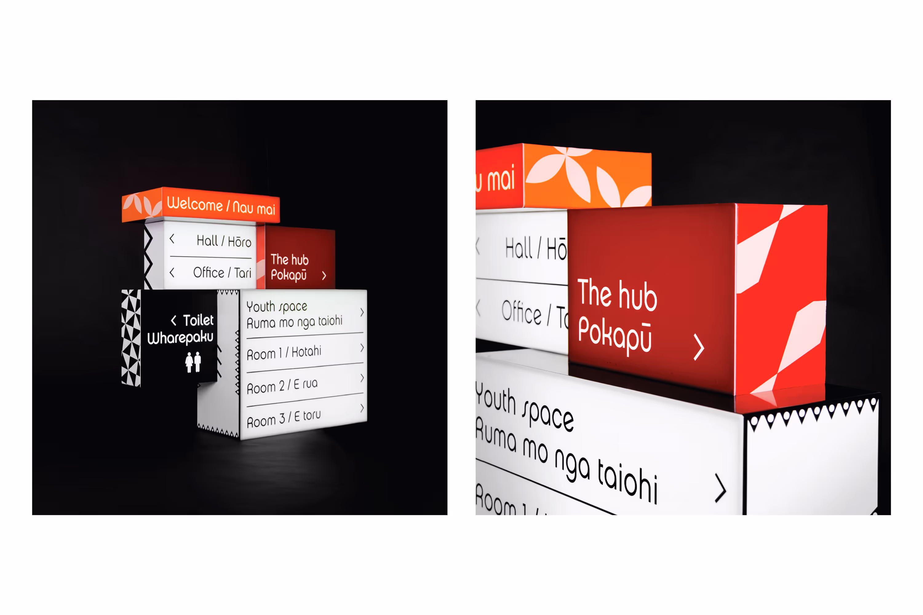 Auckland Council community centre bilingual wayfinding signage system in English and te reo Māori, designed, fabricated and installed by Blink, Auckland
