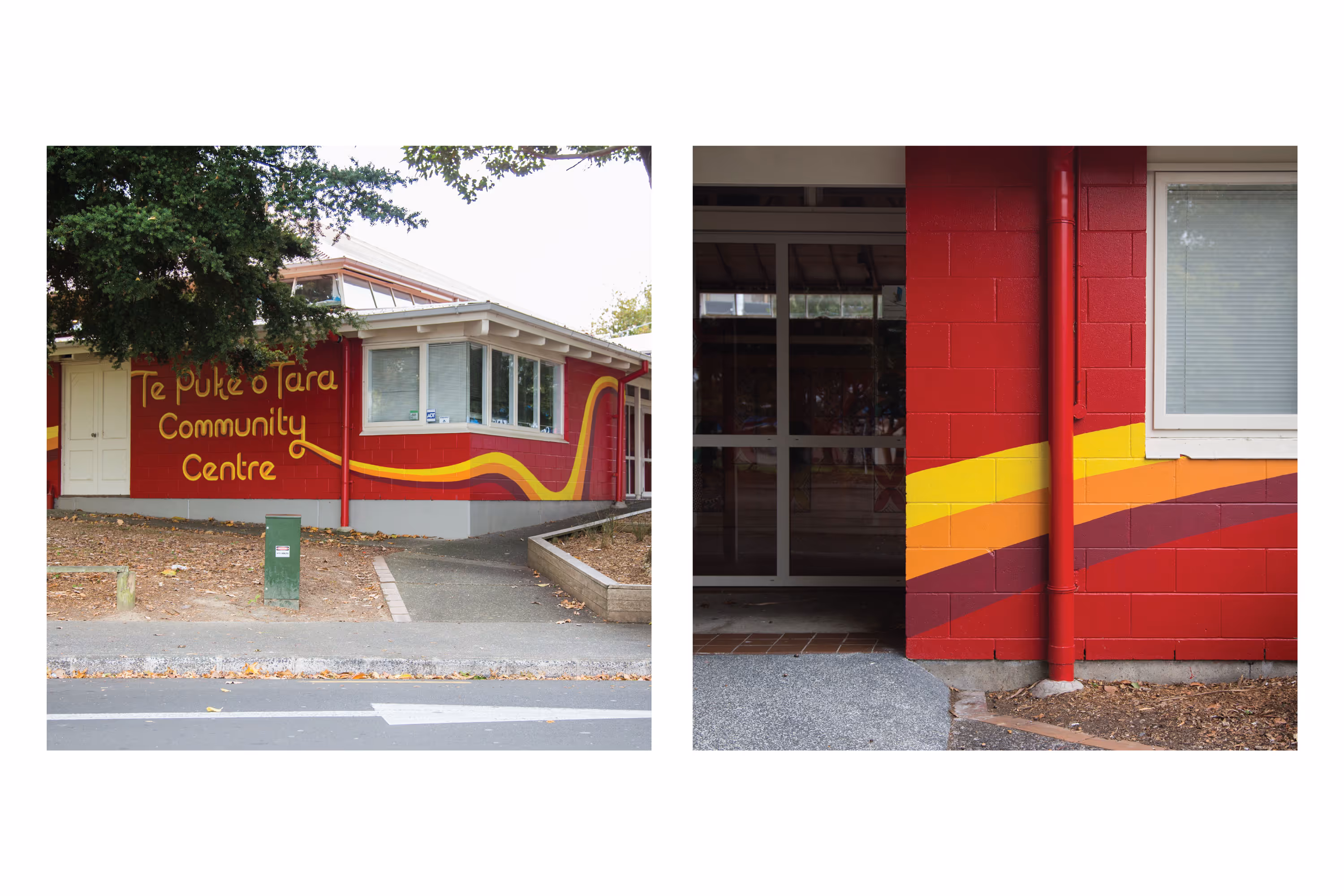 Te Puke o Tara Community Centre exterior mural with hand-painted lettering and wave graphics, designed, fabricated and installed by Blink, Auckland