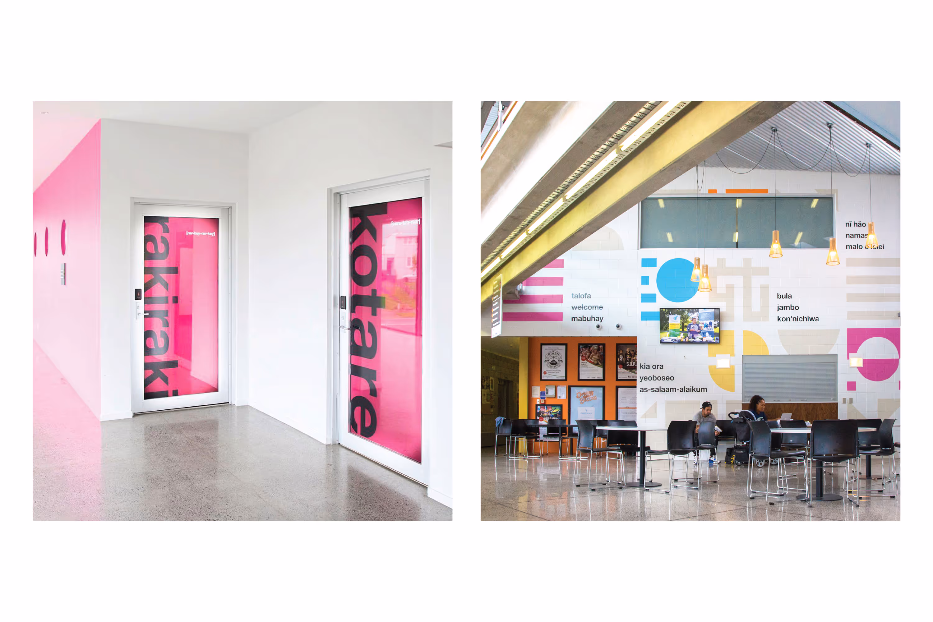 Auckland Council community centre interior door vinyl and multilingual welcome wall graphics, designed, fabricated and installed by Blink, Auckland