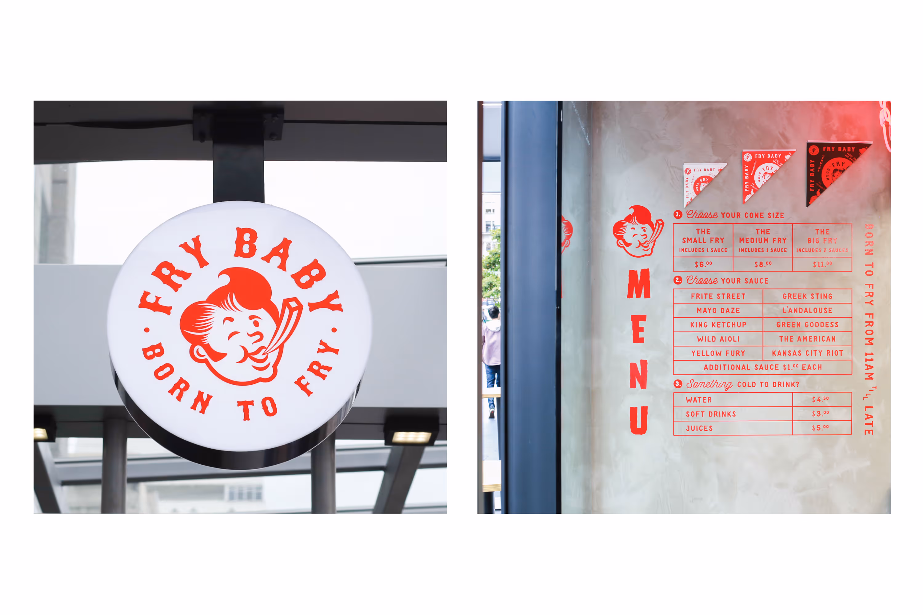 Circular Fry Baby hanging sign with a cartoon logo and a matching red-text menu in Auckland, fabricated by Blink