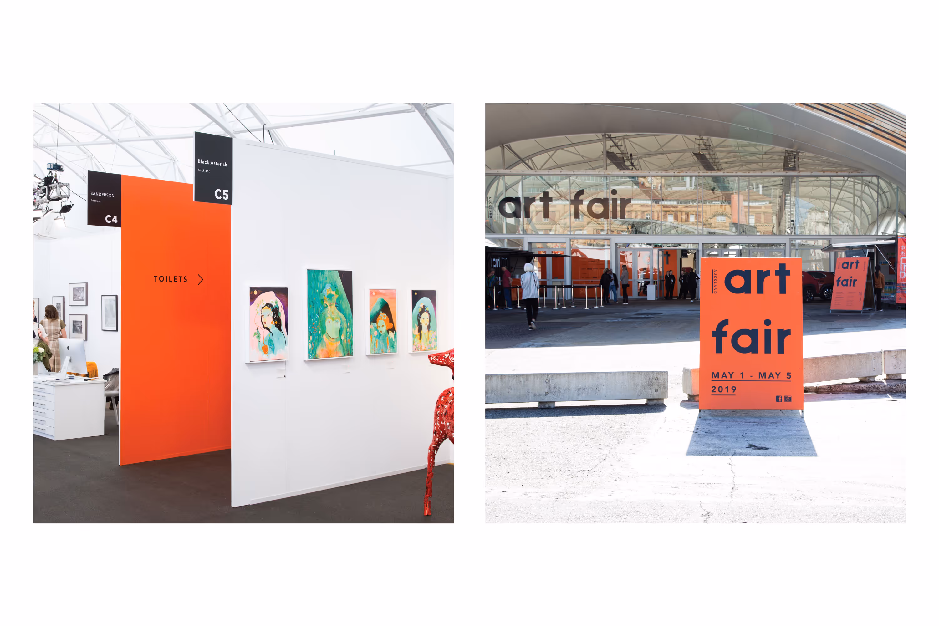 Auckland Art Fair 2019 signage by Blink, featuring orange interior booth navigation and exterior event branding