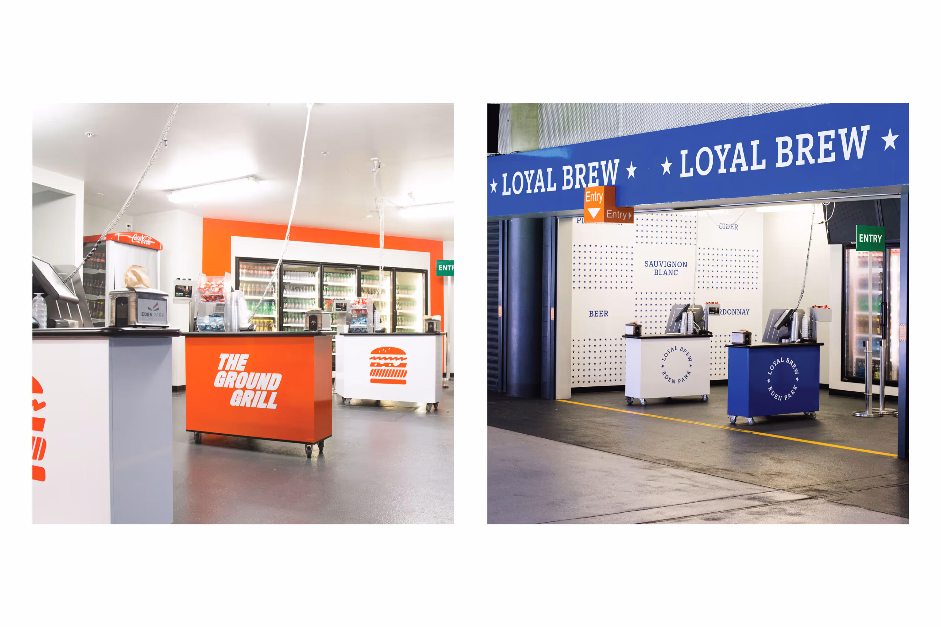 Eden Park eatery fitout by Blink with orange Ground Grill stall and blue Loyal Brew beverage stall