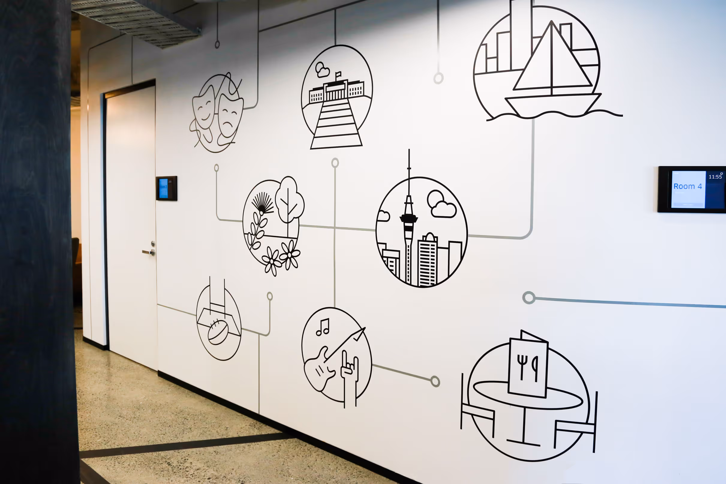 Uber office wall graphic in Auckland by Blink, featuring black line art icons of city landmarks connected by lines