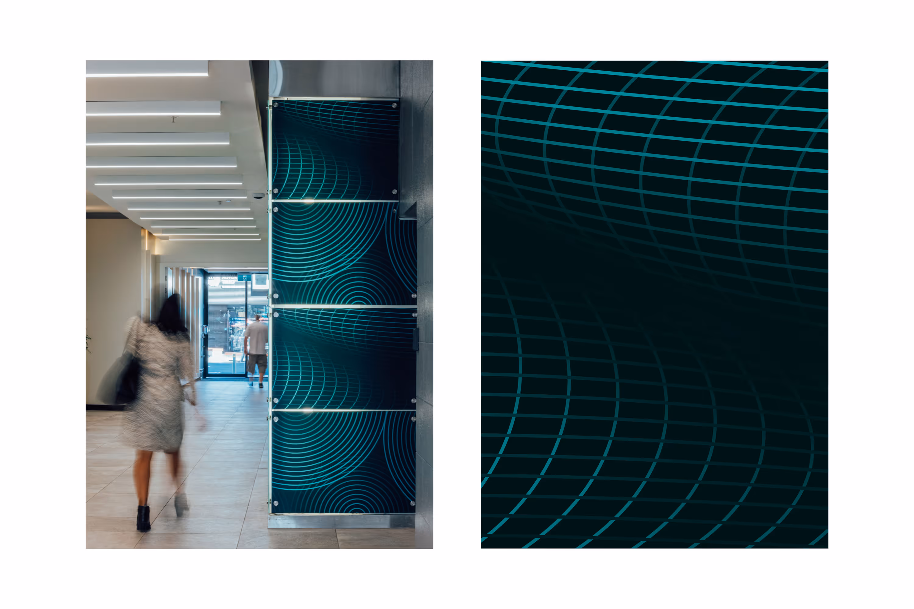 139 Quay Street lobby column with ocean-inspired backlit graphics, designed, fabricated and installed by Blink, Auckland