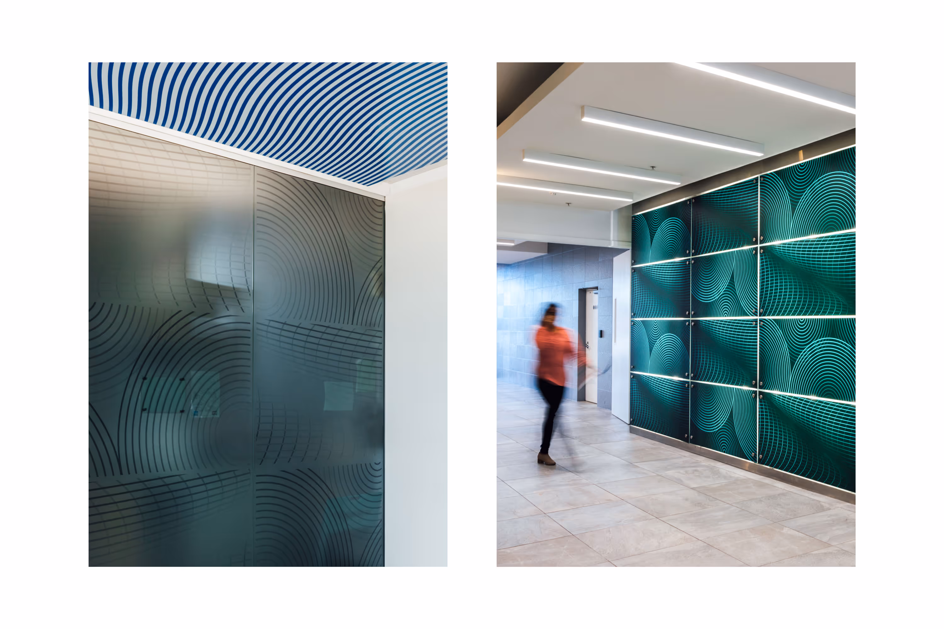 139 Quay Street lobby ocean-inspired graphics on glass and backlit wall panels, designed, fabricated and installed by Blink, Auckland