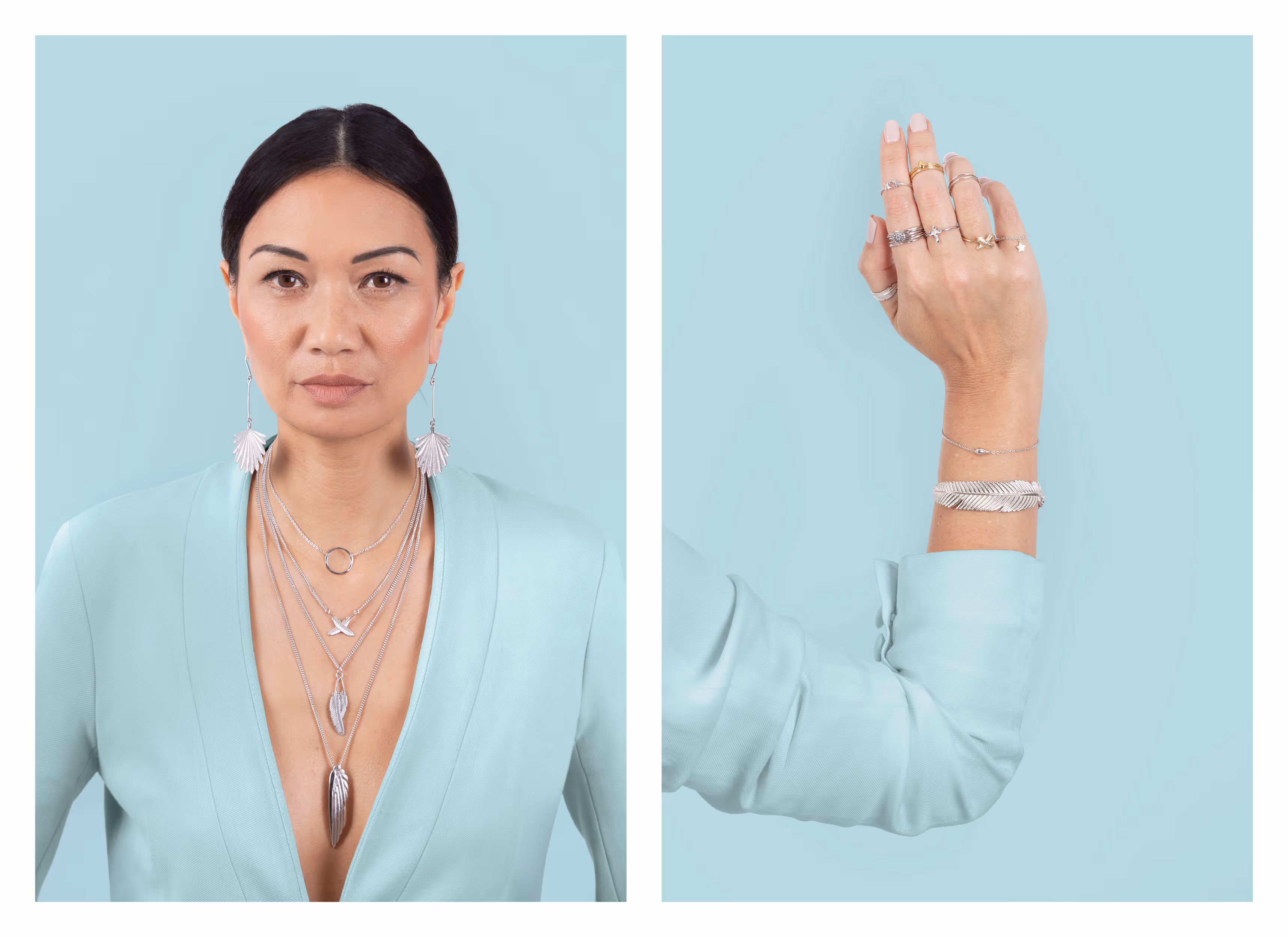 Boh Runga wearing her jewellery collection — earrings, layered necklaces, bracelets and rings — photography by Blink, Auckland