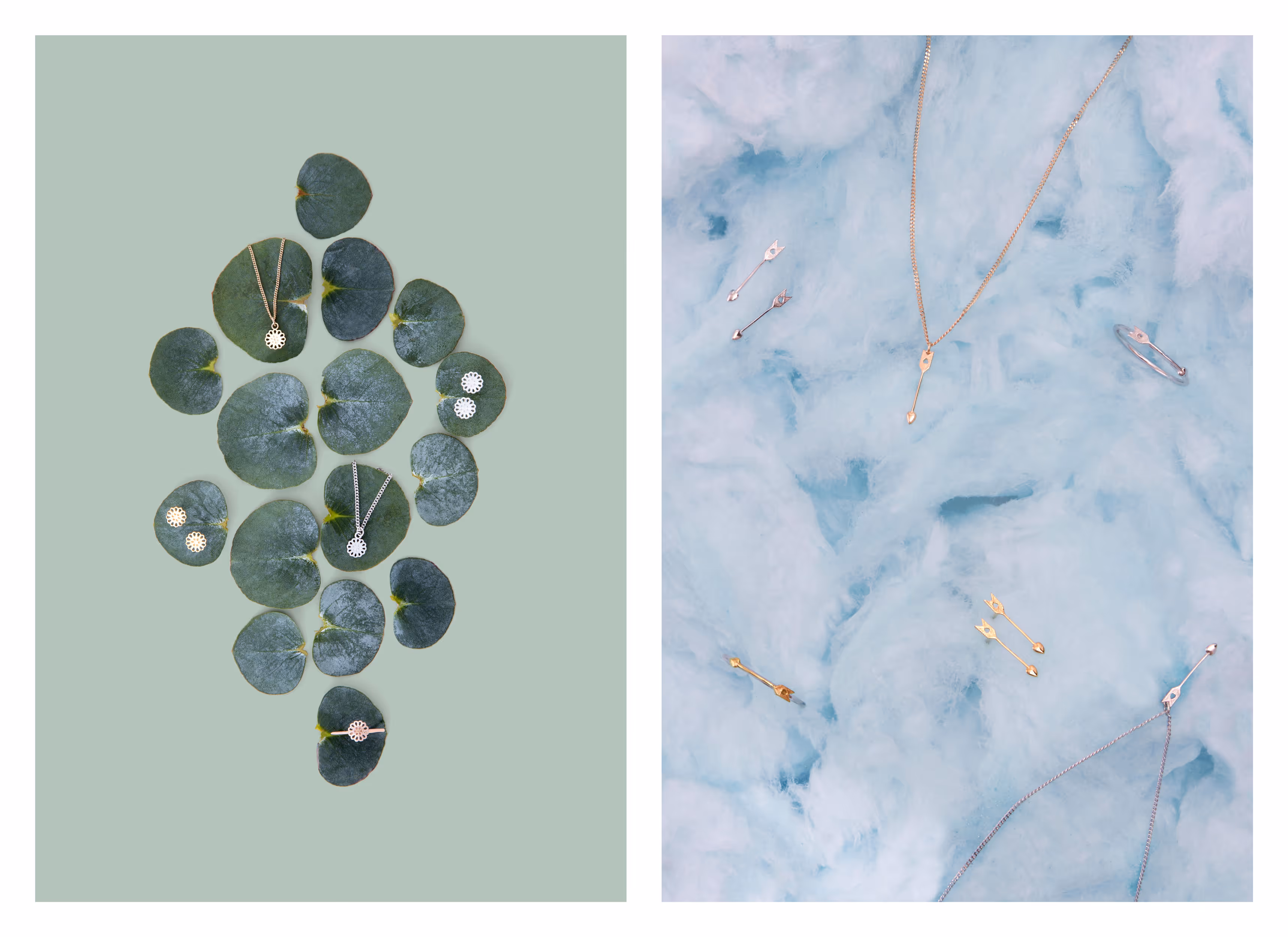 Boh Runga Jewellery collection styled with  leaves and marble, photography by Blink, Auckland`