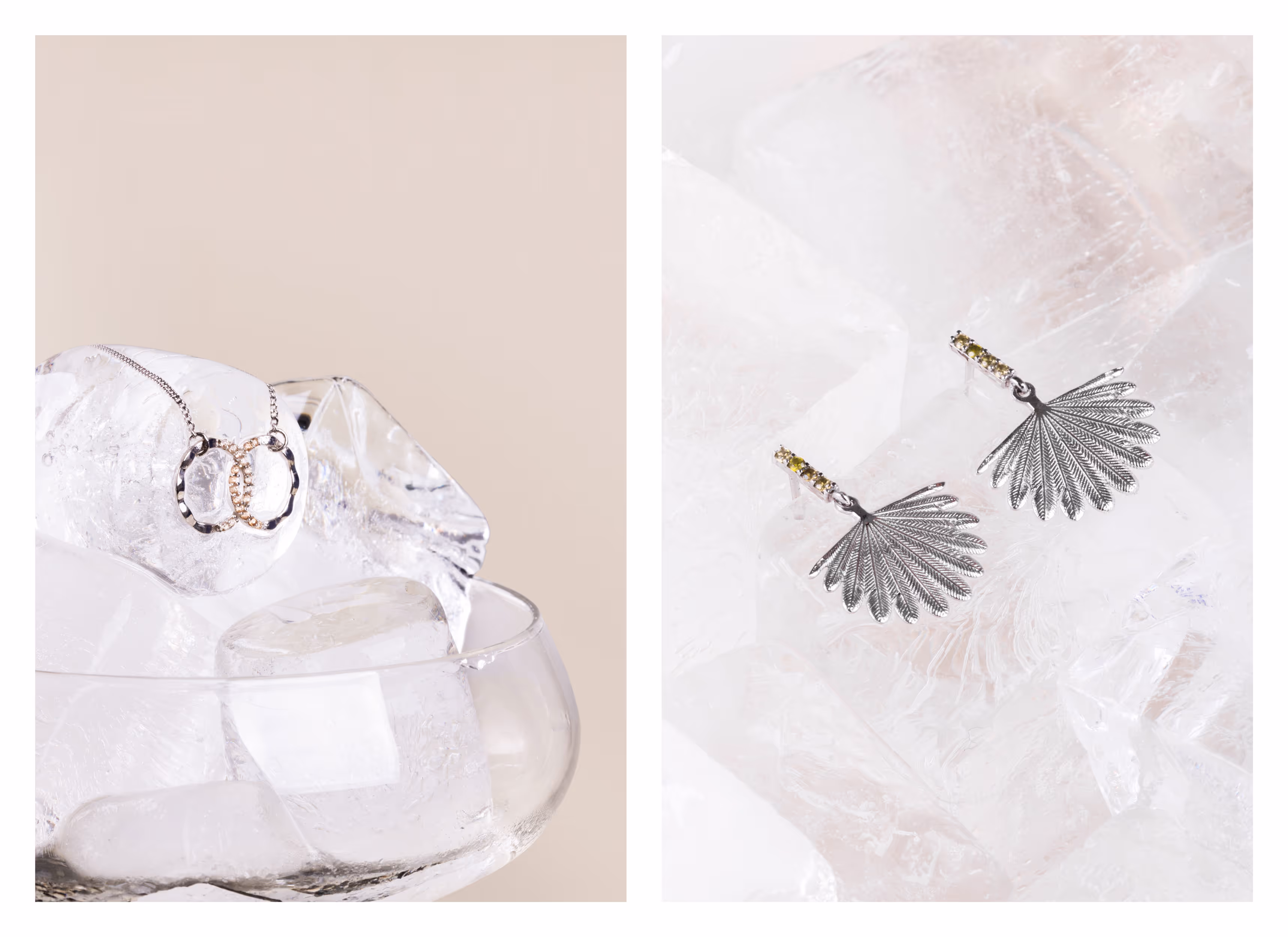 Boh Runga Jewellery necklace and leaf earrings styled with ice and crystal, photography by Blink, Auckland