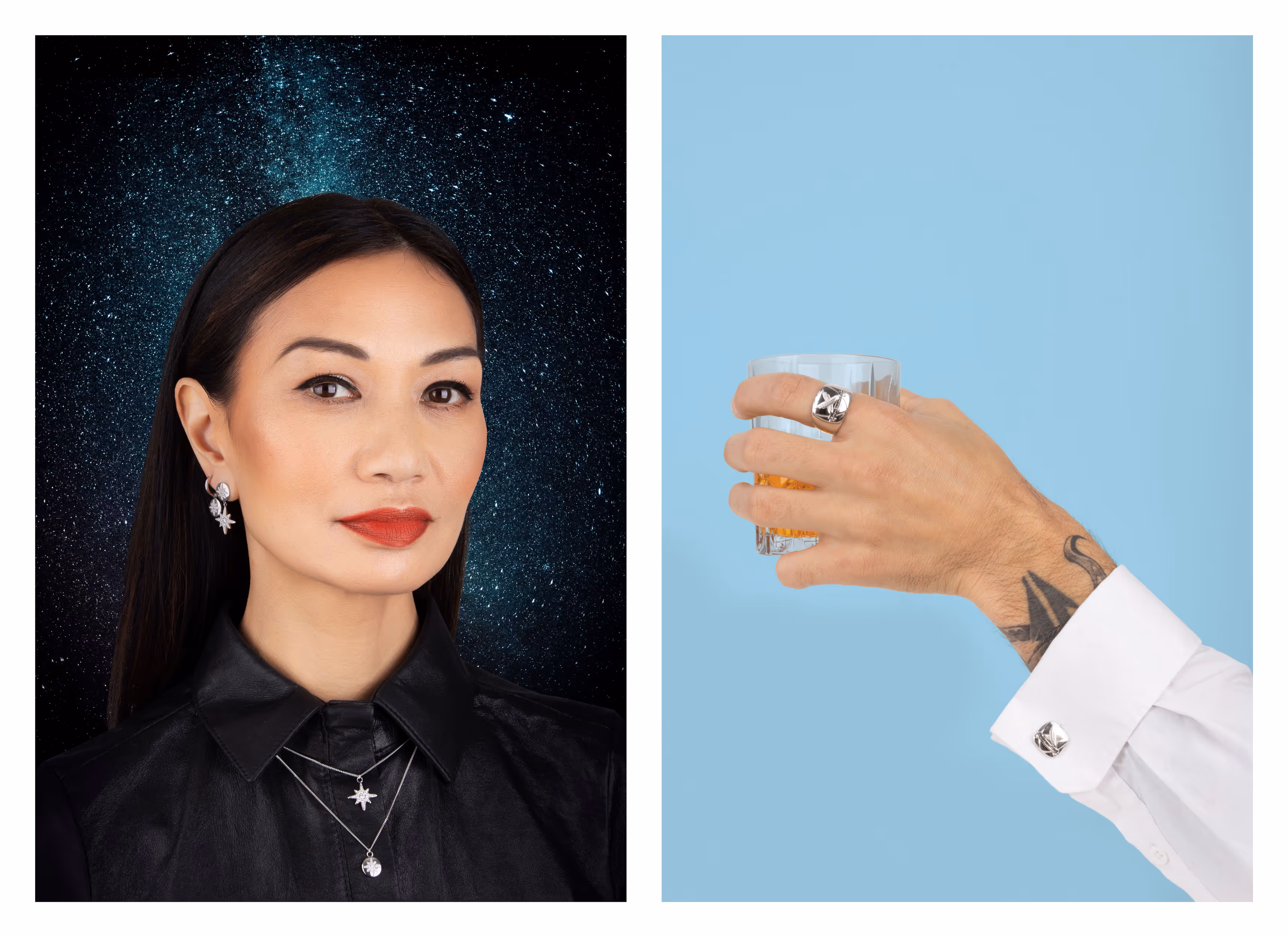 `Boh Runga wearing her jewellery collection with earrings and layered necklaces, with ring and cufflink detail — photography by Blink, Auckland