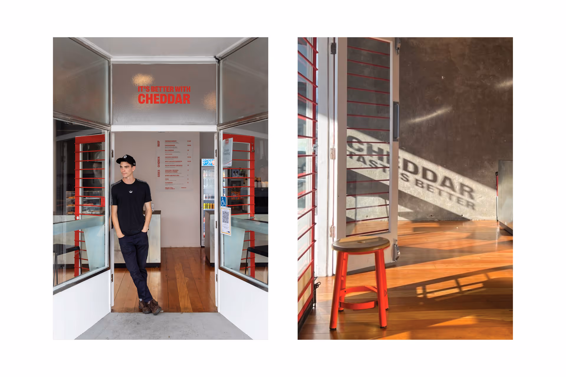 Cheddar Avondale burger restaurant interior with wall vinyl signage and menu, designed, fabricated and installed by Blink, Auckland