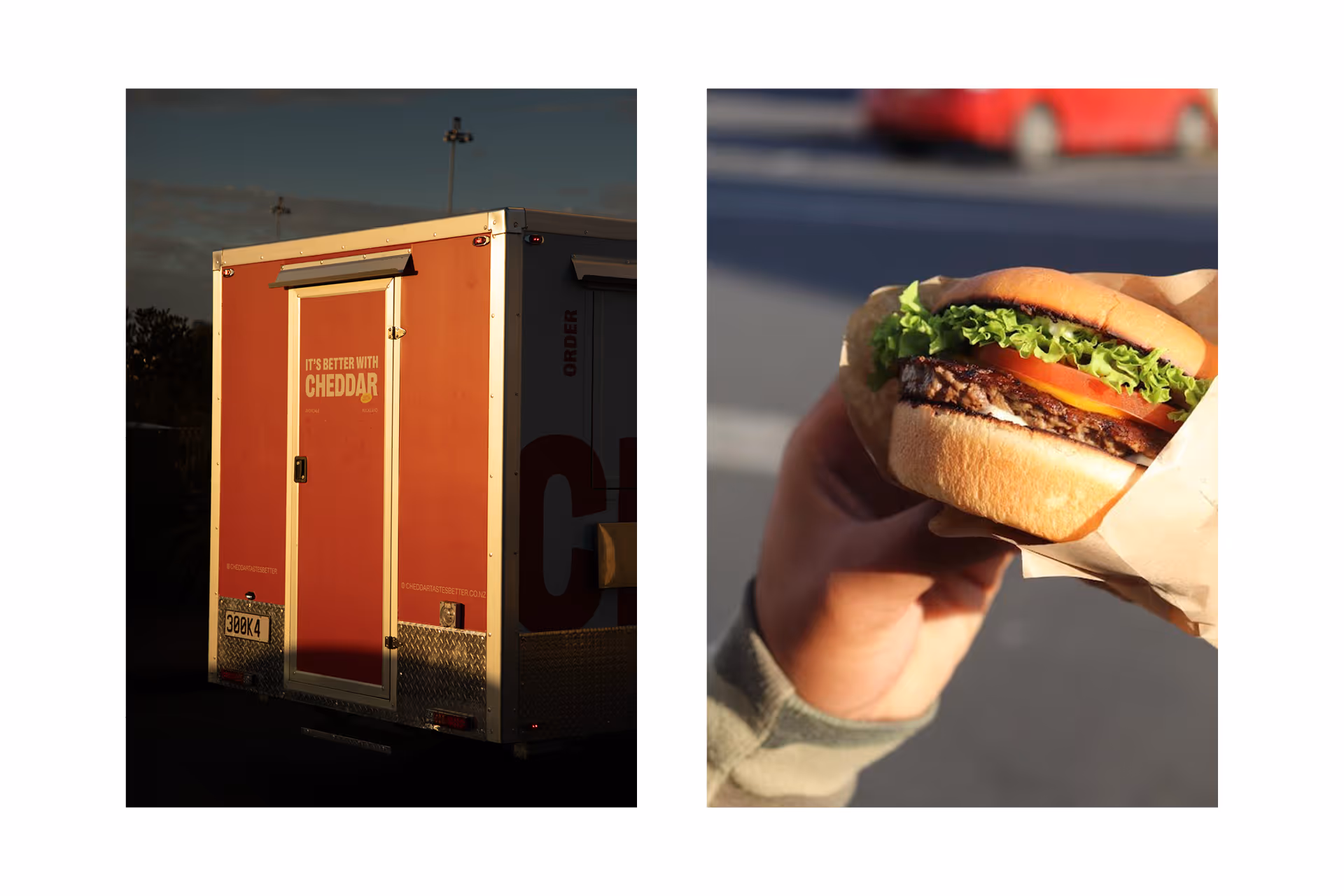 Cheddar branded food trailer vinyl wrap and smash burger, designed, fabricated and installed by Blink, Auckland