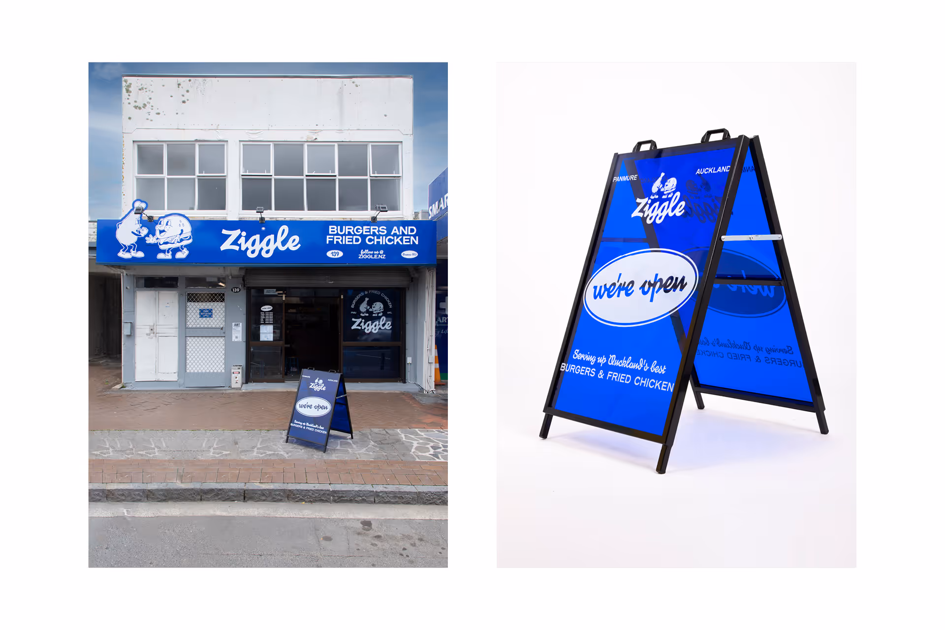 Ziggle restaurant exterior signage and branded A-frame, designed, fabricated and installed by Blink, Auckland