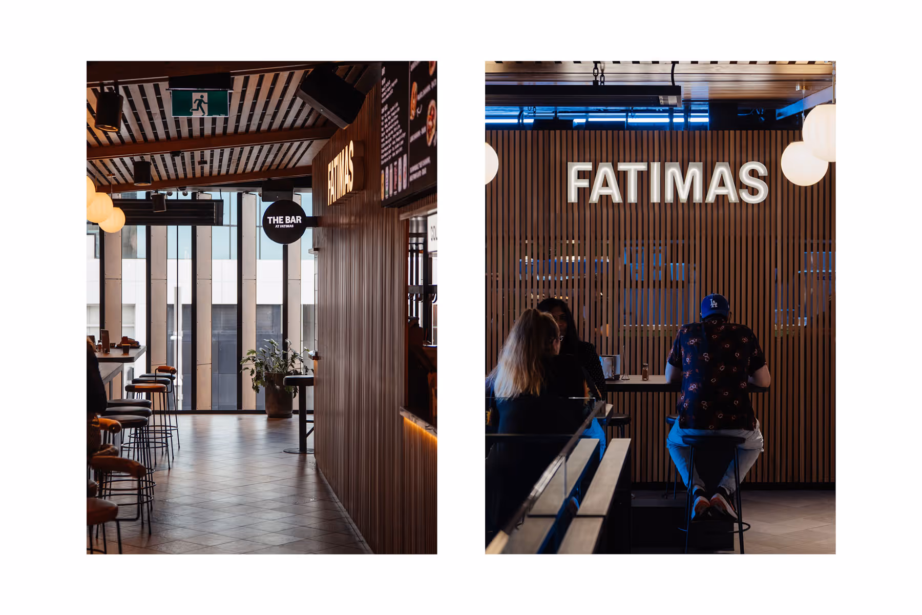 Fatima's restaurant interior featuring illuminated wall signage and custom slatted wood walls