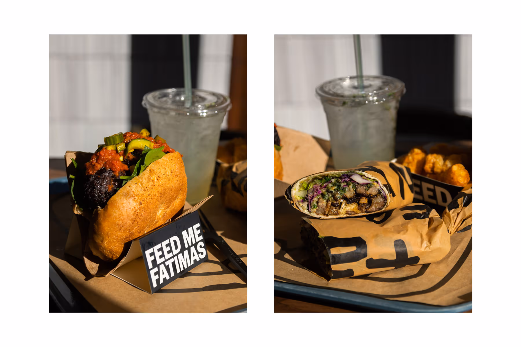 Fatima's food photography featuring custom printed cardboard holders and branded wrap packaging by Blink