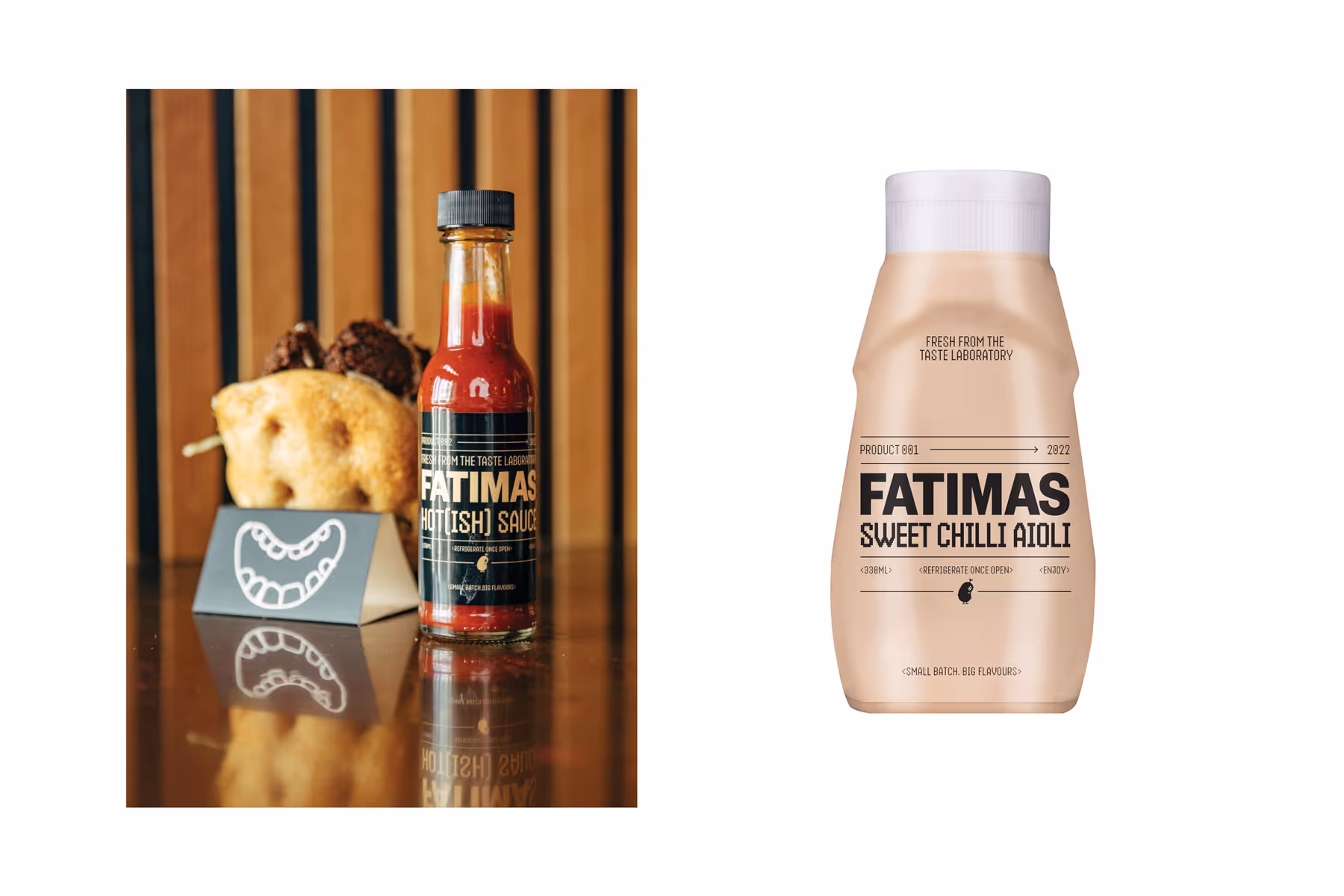 Fatima's custom sauce packaging featuring hot sauce and sweet chilli aioli label designs by Blink
