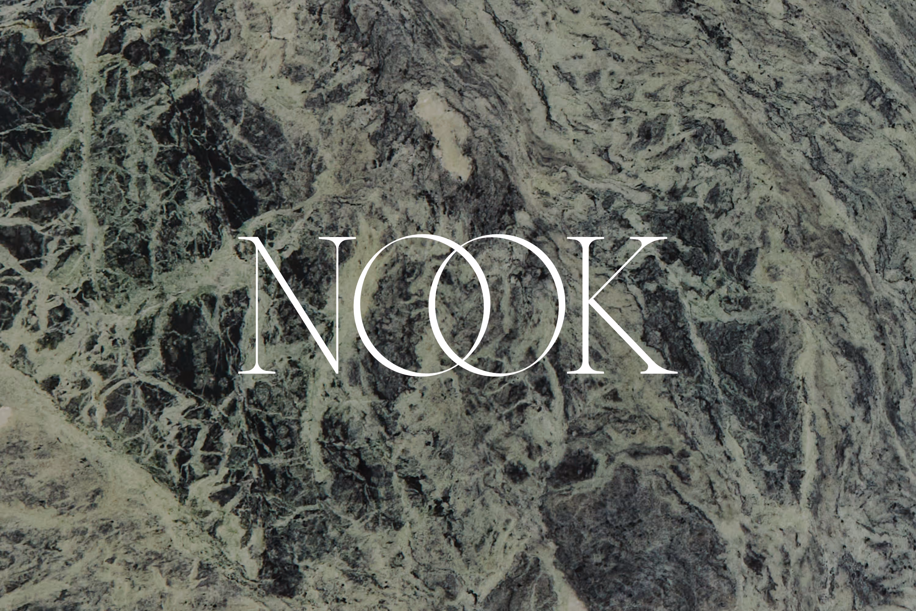 NOOK Styling Lounge brand identity typography on marble texture, designed by Blink, Auckland