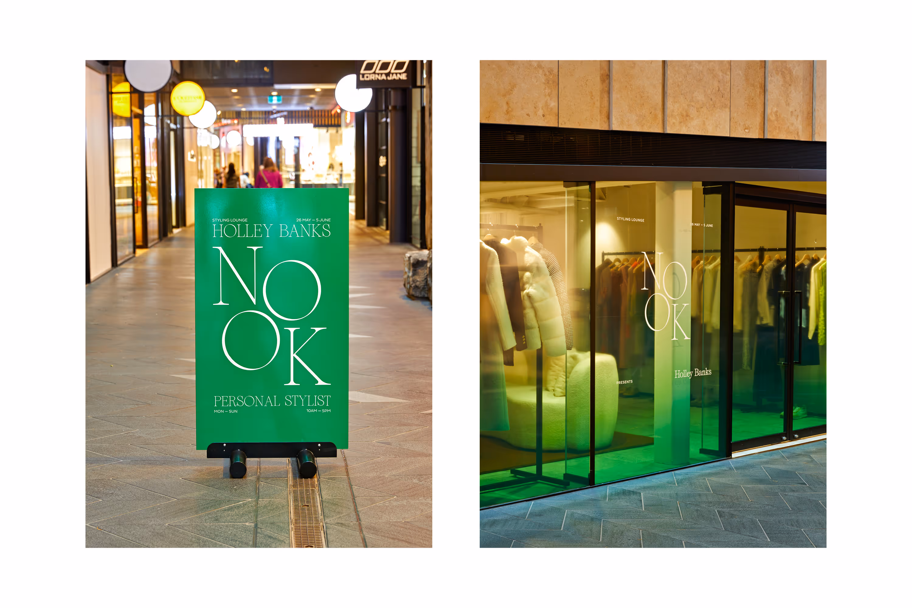 NOOK Styling Lounge A-frame signage and window vinyl at Commercial Bay, designed, fabricated and installed by Blink, Auckland