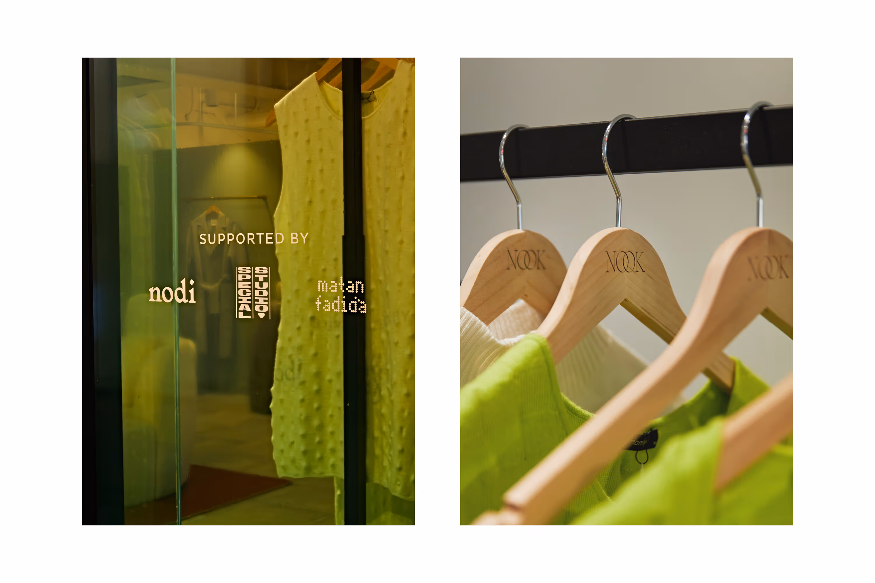 NOOK Styling Lounge sponsor window vinyl and branded wooden coat hangers, designed and fabricated by Blink, Auckland