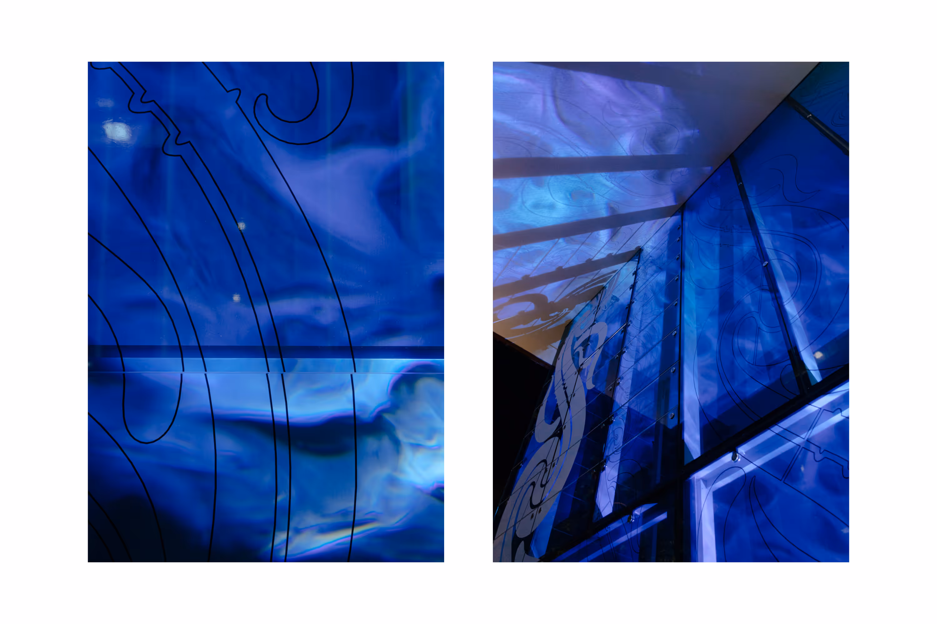Night lighting detail through clear film vinyl panels — Te Maharatanga o Ngā Wai installation at Tāmaki Pātaka Kōrero Central Library, designed, fabricated and installed by Blink, Auckland