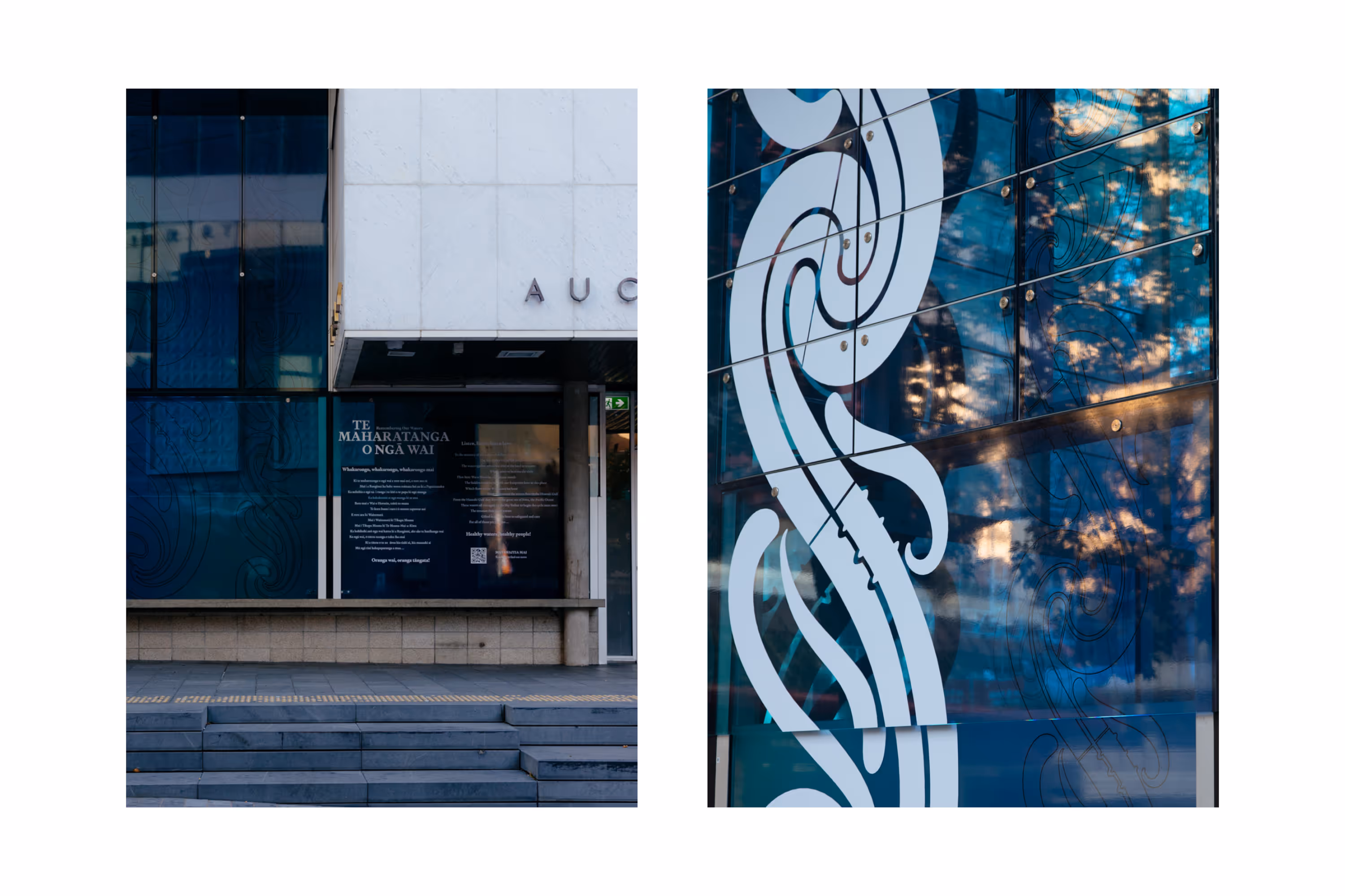 Te Maharatanga o Ngā Wai interpretive signage and koru vinyl detail on glass facade at Auckland Central Library, designed, fabricated and installed by Blink, Auckland
