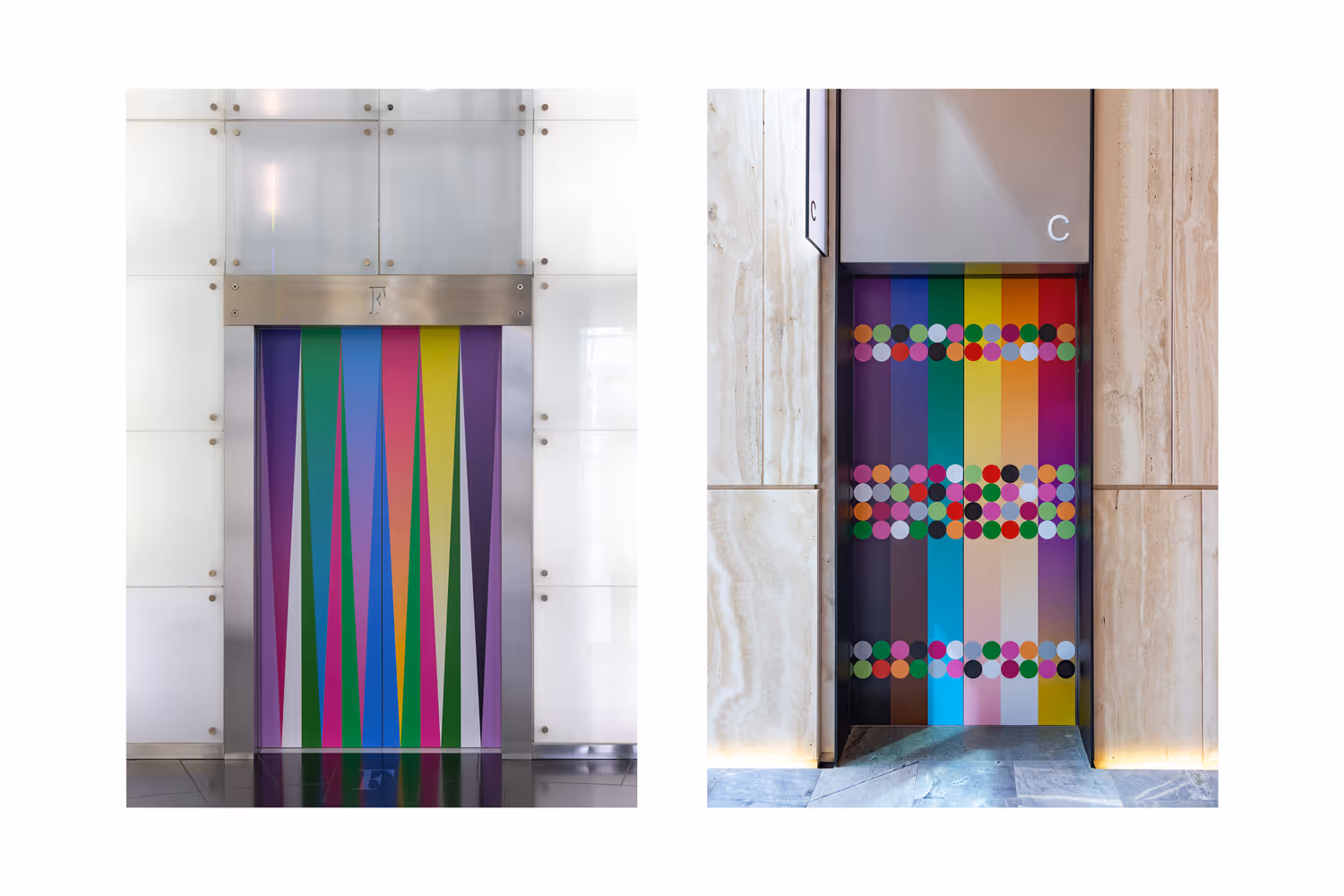 Colourful lift door vinyl installations at Commercial Bay, designed, fabricated and installed by Blink, Auckland