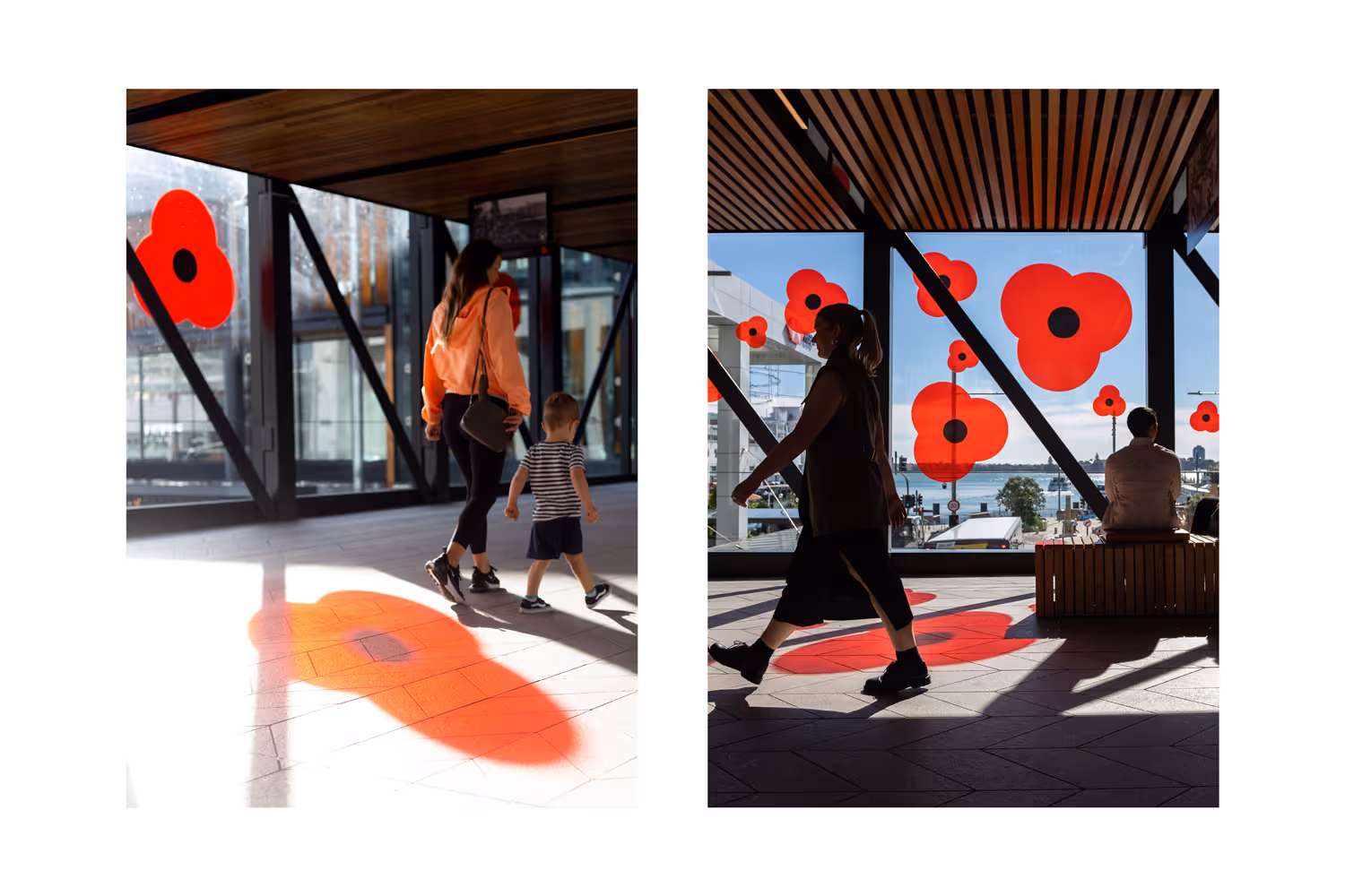 ANZAC Day poppy window vinyl installation at Commercial Bay casting red light through the airbridge, designed, fabricated and installed by Blink, Auckland